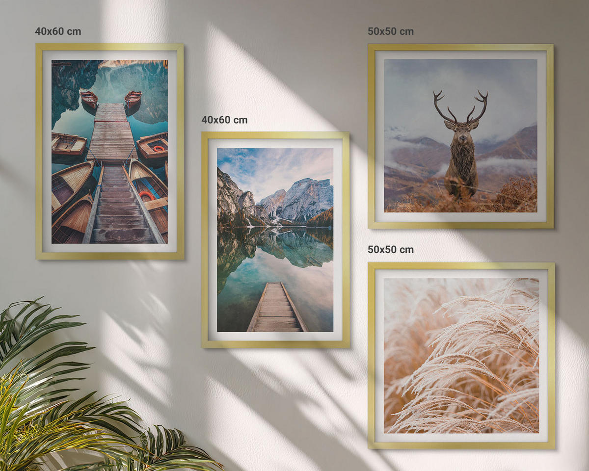 WANDBILDER 4er Set - 50x50 cm & 40x60 cm Goldrahmen - Seeboote Hirsche Berge - Goldfarben, Kunststoff (50/50cm) - ArtPrintCave