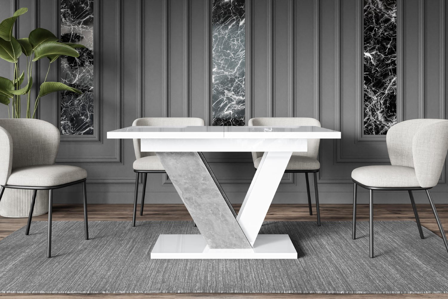 ESSTISCH ausziehbar 120 -160x80x75 cm - White Gloss / Stone - CLASI - Weiß Hochglanz/Grau, Holzwerkstoff (120/80/75cm) - ALTDECOR