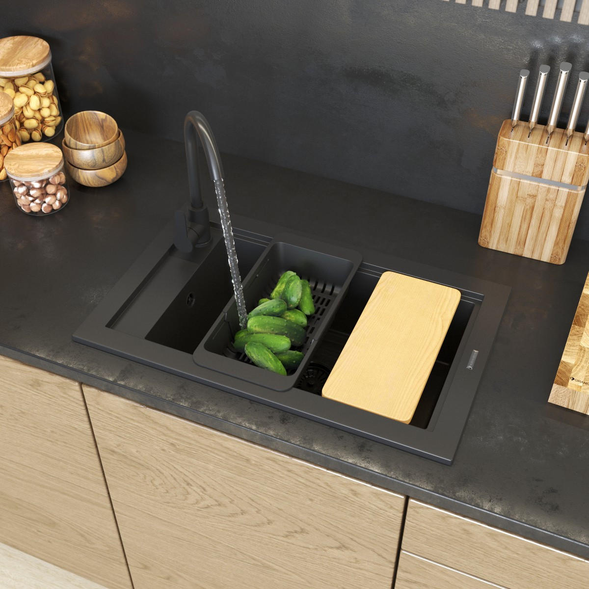 GRANITSPÜLE Panama mit Batterie Siphone - Schwarz, Kunststoff/Stein (43/18/69cm) - Granitan