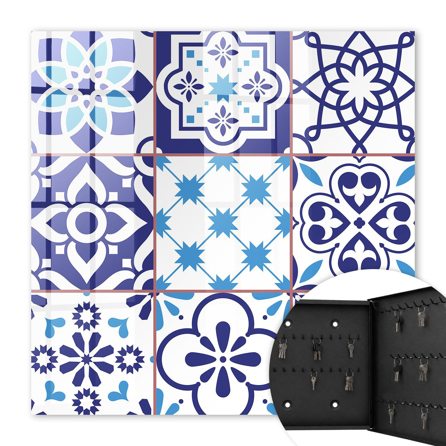 SCHLÜSSELBOX Schwarz 30x30 cm- Türöffnung nach rechts - Geometrische Muster - Blau, Metall (30/30/5cm) - TULUP