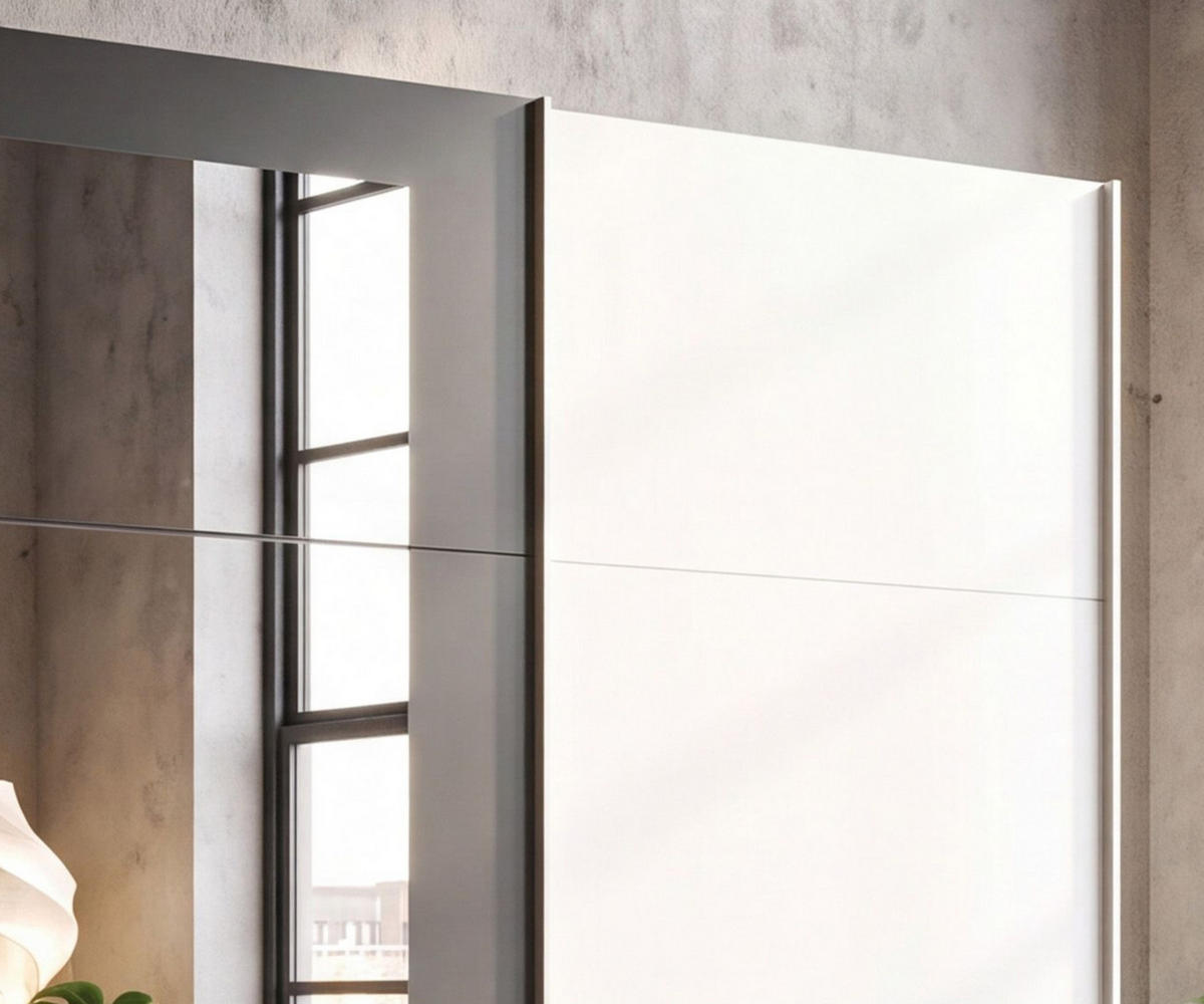 SCHWEBETÜRENSCHRANK 3-türig B313/H208/64 cm Kleiderschrank in Weiß, Spiegel umrahmt in Grafit, Griffe Weiß / 22632 - Weiß, Holzwerkstoff/Metall (313/208/64cm) - luma-home