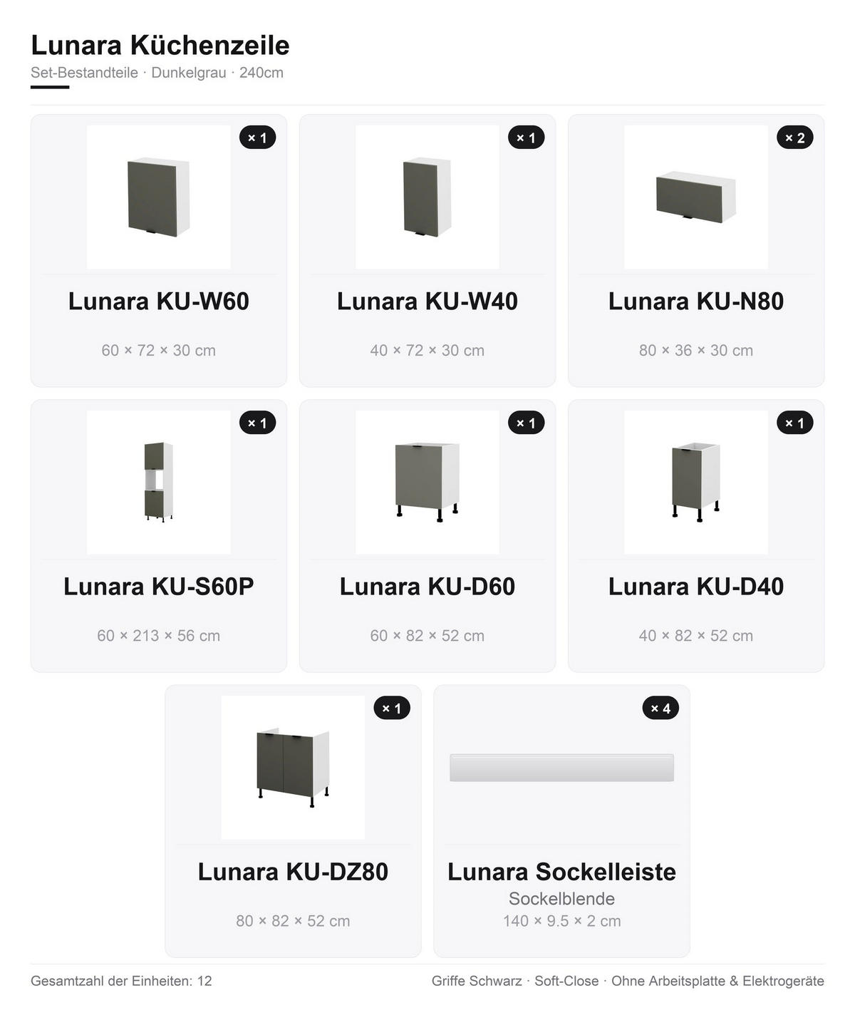 KÜCHENZEILE – 240 cm – KU-SA20 – Lunara – Dunkelgrau – ohne E-Geräte - Dunkelgrau/Schwarz, Holzwerkstoff/Metall (240/213/56cm) - hi-markt
