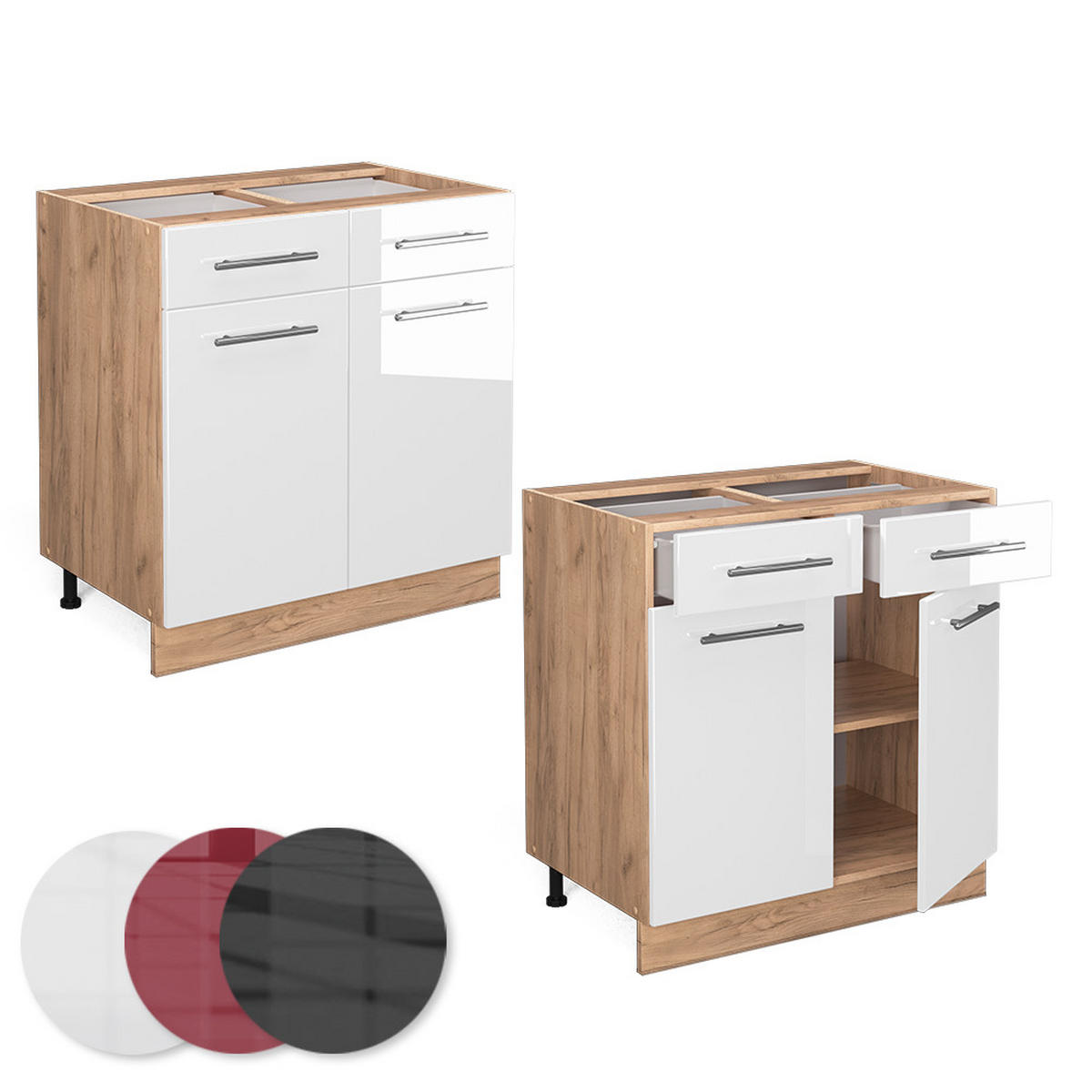 KÜCHENUNTERSCHRANK Fame-Line Weiß Hochglanz 80 cm, AP Eiche - Honigeiche/Weiß Hochglanz, Holzwerkstoff (80/82/60cm) - Vicco