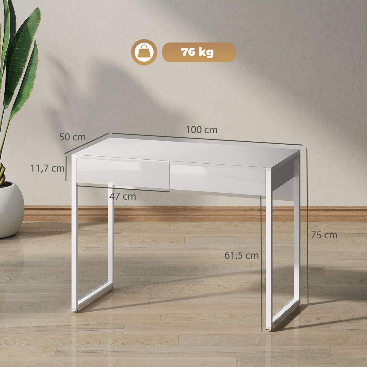 SCHREIBTISCH DE-14909 2 Schubladen mit Hochglanz-Finish Weiß - Weiß, Metall (100/50/75cm) - ComfortXL