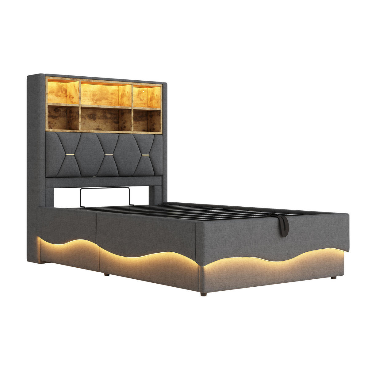 KINDERBETT 90/200 cm in Grau mit Stauraum, LED-Beleuchtung und USB-Anschluss - Grau, Metall (90/200cm) - Flora Grace