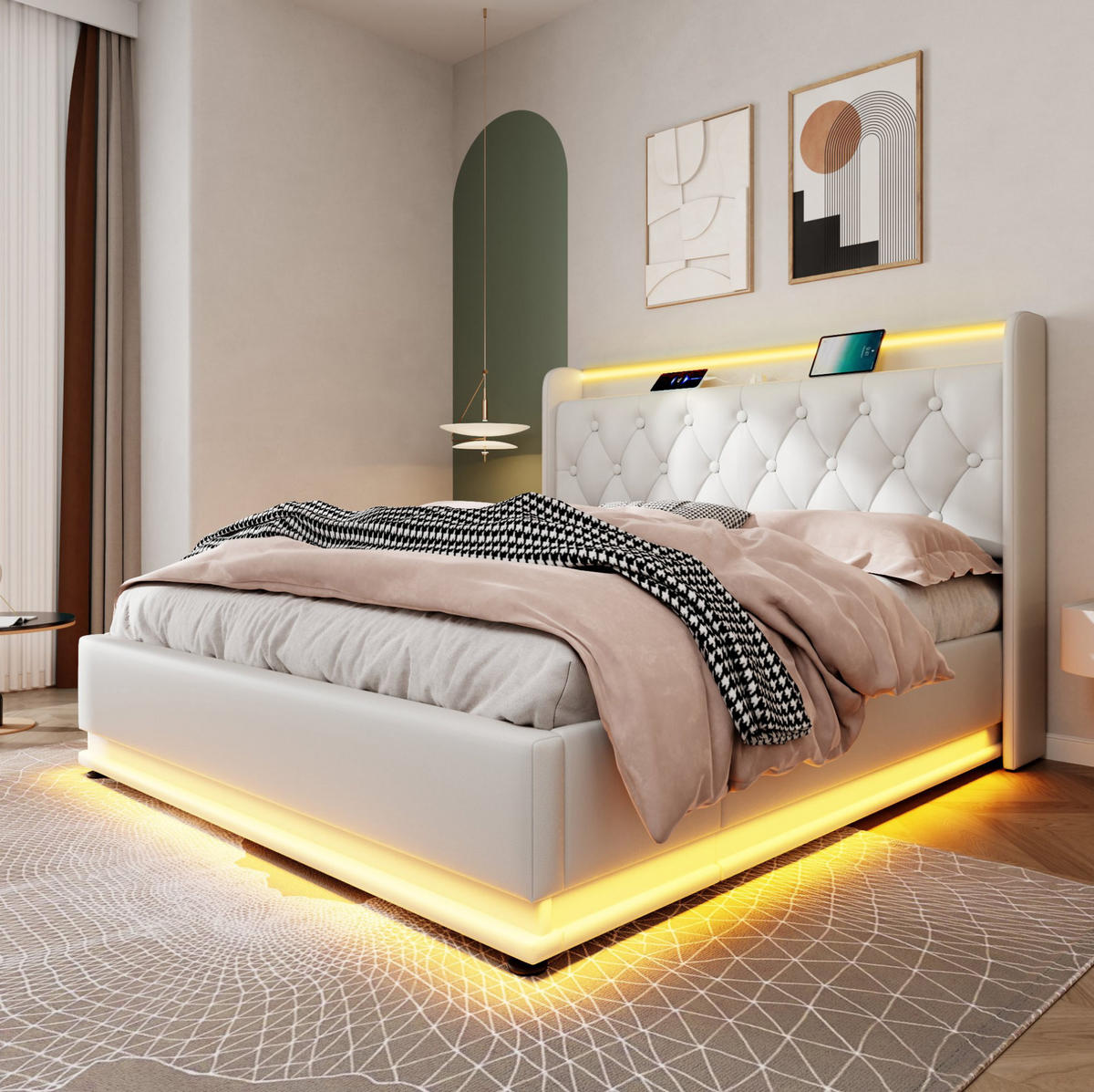 POLSTERBETT mit LED und Stauraum 180x200 cm PU White - Weiß, Metall (180/200cm) - Meubliv