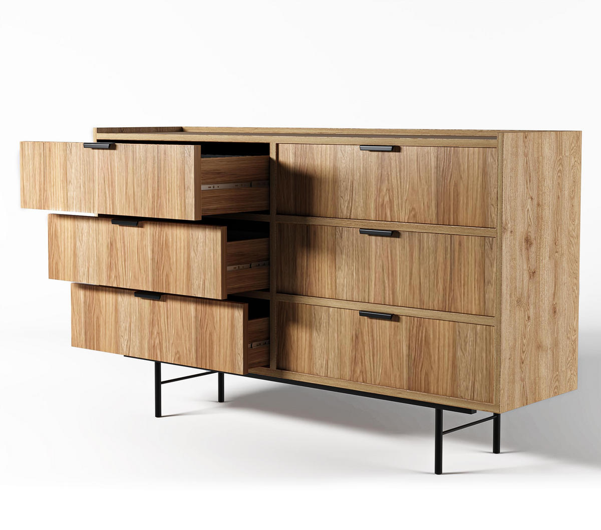 SIDEBOARD Nordiva 6S Hikora Natur 150/90/40 cm – Metallgestell - Schwarz/Naturfarben, Holzwerkstoff/Metall (150/90/40cm) - AX Living
