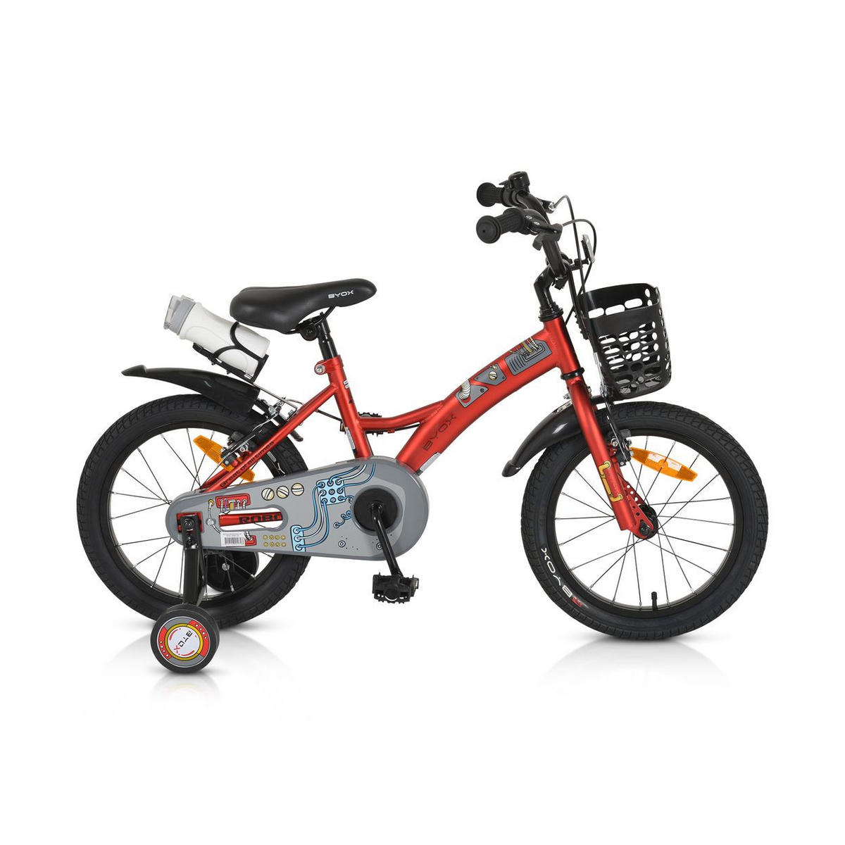 KINDERFAHRRAD Robo 16 Zoll rot Stützräder, Flasche, Klingel, Korb, Metallrahmen - Rot, Metall (76cm)