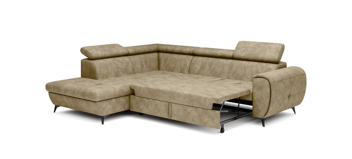 ECKSOFA MAGIA L-S Beige Plüsch-Stoff mit Schlaffunktion - Beige, Holz (260/217cm) - MASSENO