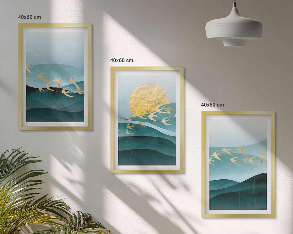 BILDER SET 3er Set - 40x60 cm Goldrahmen - Abstrakte Sonnenuntergangslandschaften - Goldfarben, Kunststoff (40/60cm) - TULUP