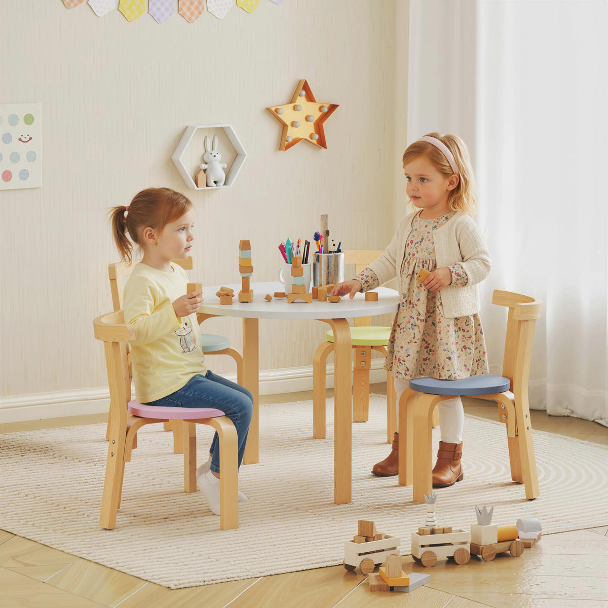 KINDERTISCH Holz mit 4 Stühlen 5-teilig Kinder Tisch Stuhl Set für 3-8 Jahre - Multicolor, Holz (60/50/60cm) - AIYAPLAY