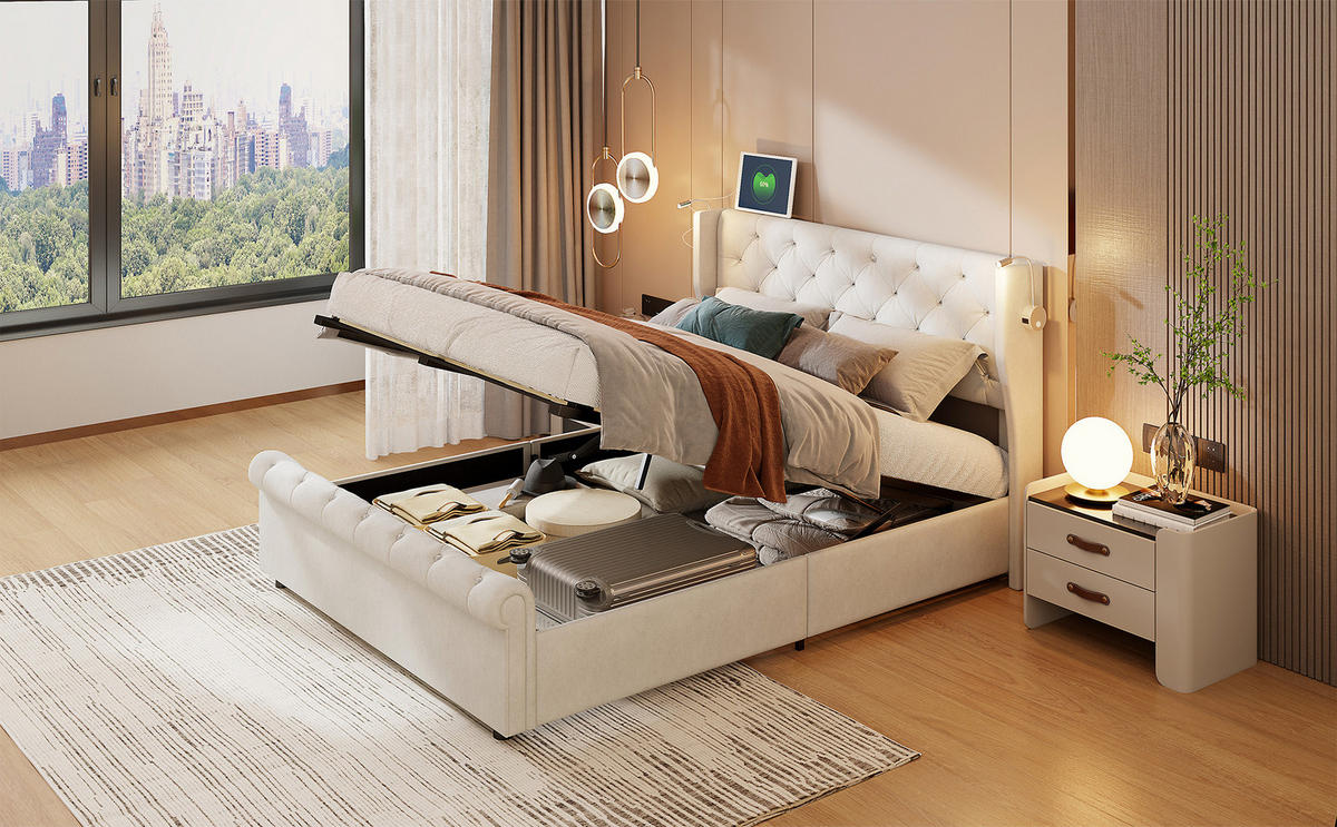 KLÄDD säng 140x190 cm beige sammet LED gaslyftsäng - Beige, Trä (140/190cm) - SHOPENTRA