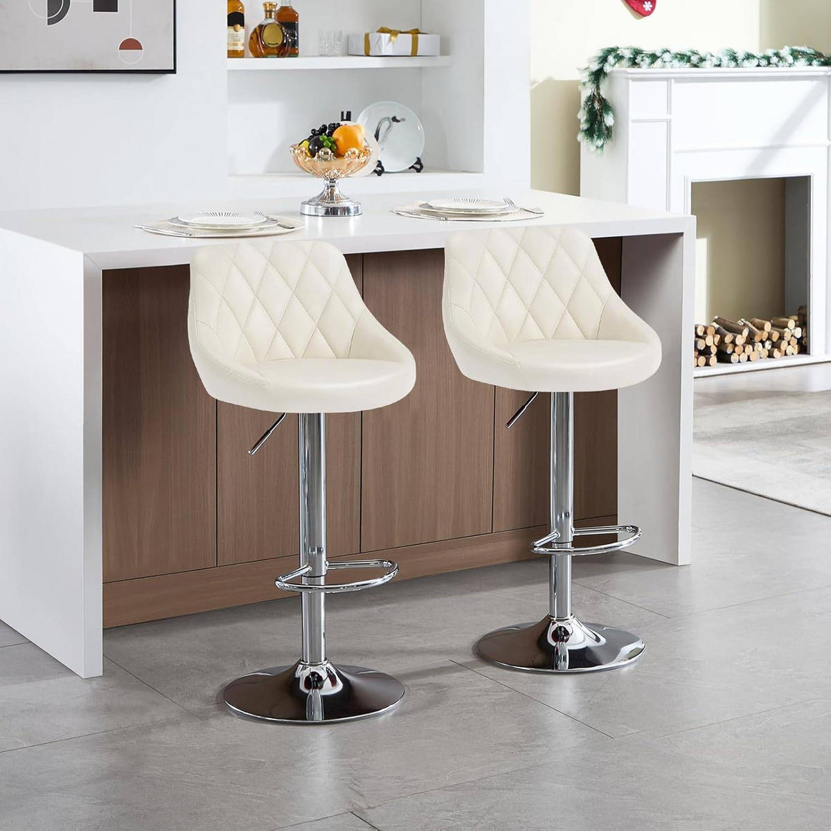 BARHOCKER 2er Set, Kunstleder,Höhenverstellbar, 360° Drehbar - Creme, Metall (47/104/39cm) - Woltu