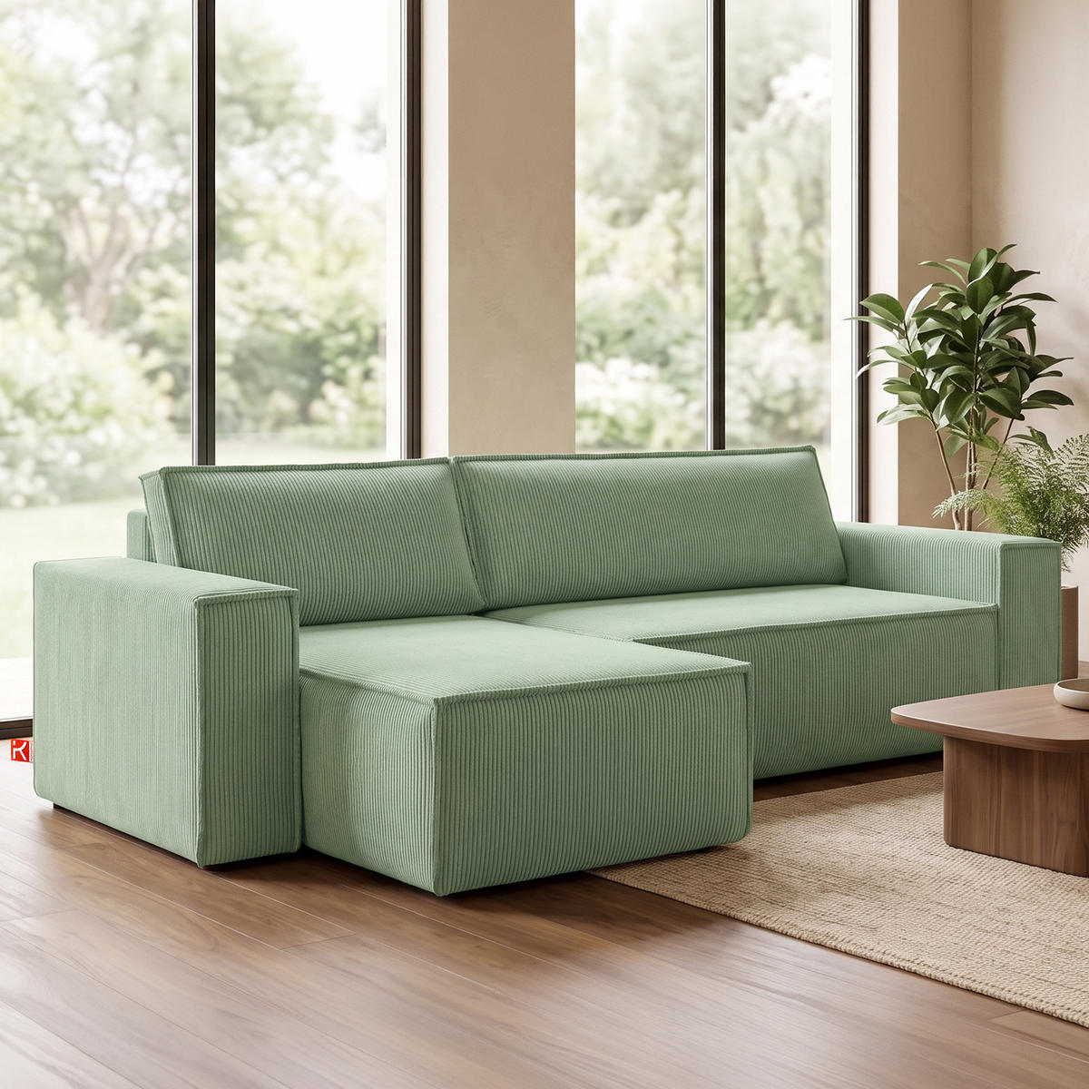 ECKSOFA-LINKS/RECHTS NAPI Schlaffunktion mit Cordbezug, mintfarben - Schwarz/Mintgrün, Textil (262/148cm) - KONSIMO®