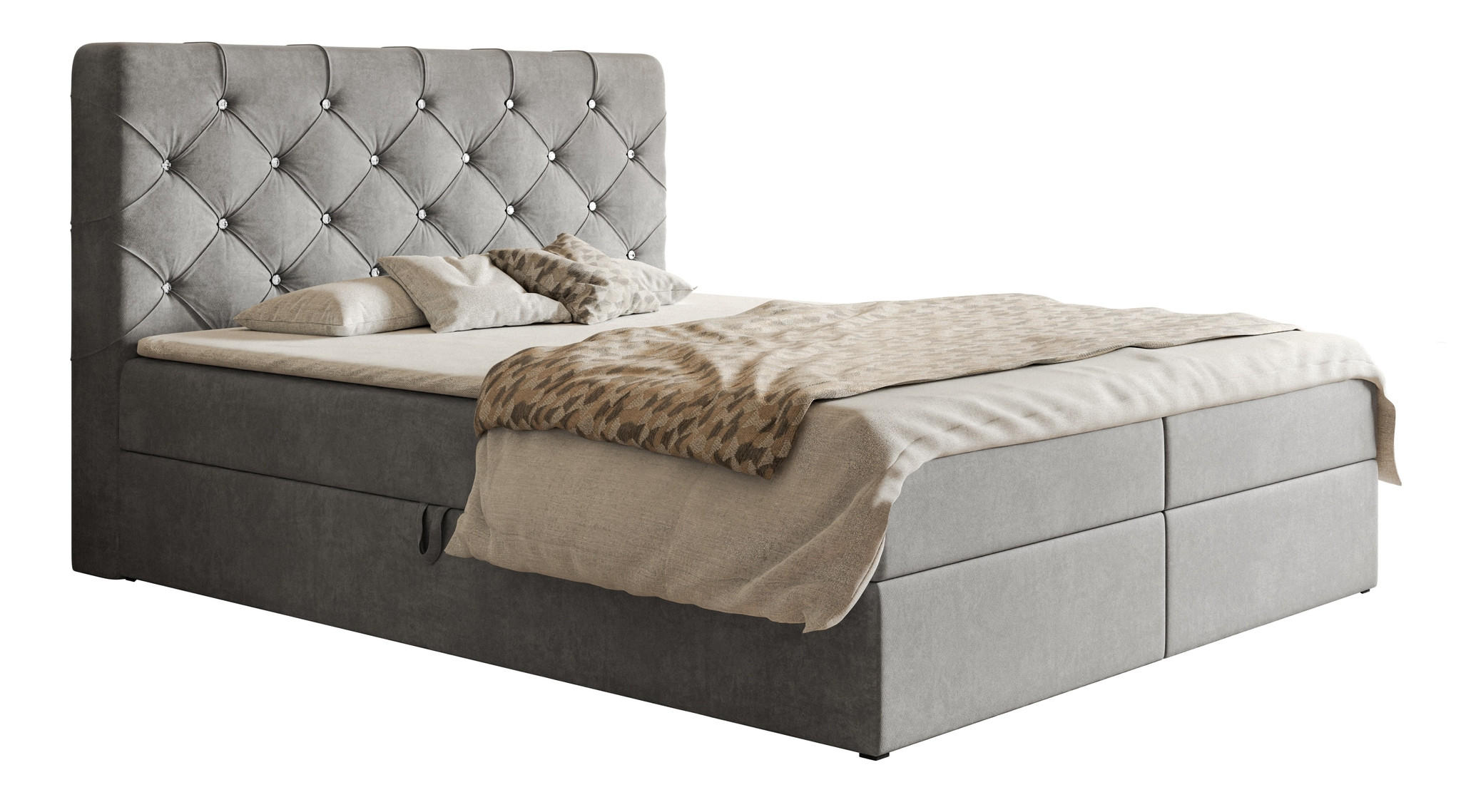 DOPPELBETT mit Matratze 140x200 Polo, Kristallknöpfen, Bettkasten, Hellgrau - Hellgrau, Holz/Textil (140/200cm) - Emporius