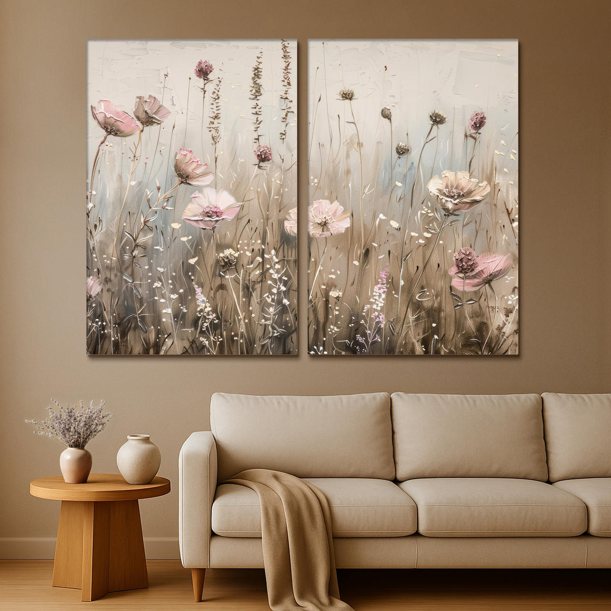 LEINWANDBILD 2er Set Blumen - Beige - Modern - Rosa 240x180 cm - Ecru, Textil (240/180cm) - MuchoWow