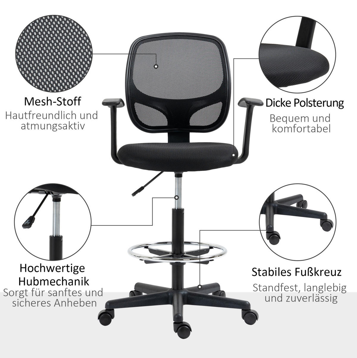 DREHSTUHL 60/56/110-132 cm schwarz aus Schaumstoff höhenverstellbar mit Fußring - Schwarz, Kunststoff (56/132/60cm) - OKWISH