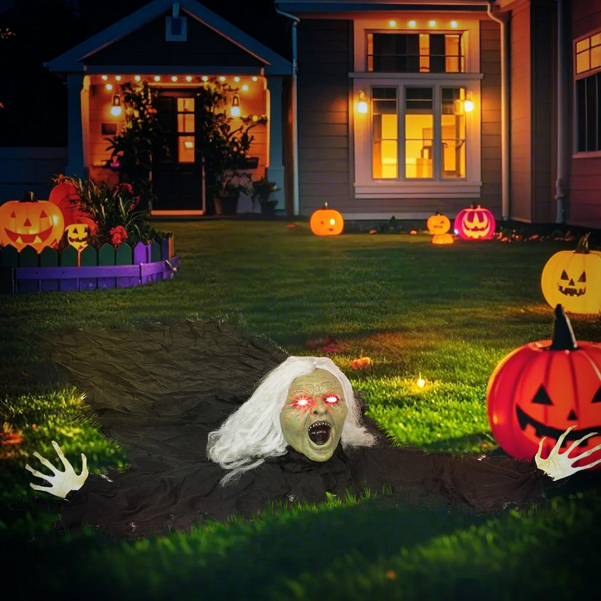 HALLOWEEN-DEKORATION Zombie-Alte 183 cm mit LED-Lichter, Soundfunktion - Schwarz, Textil (18/183/80cm) - Outsunny