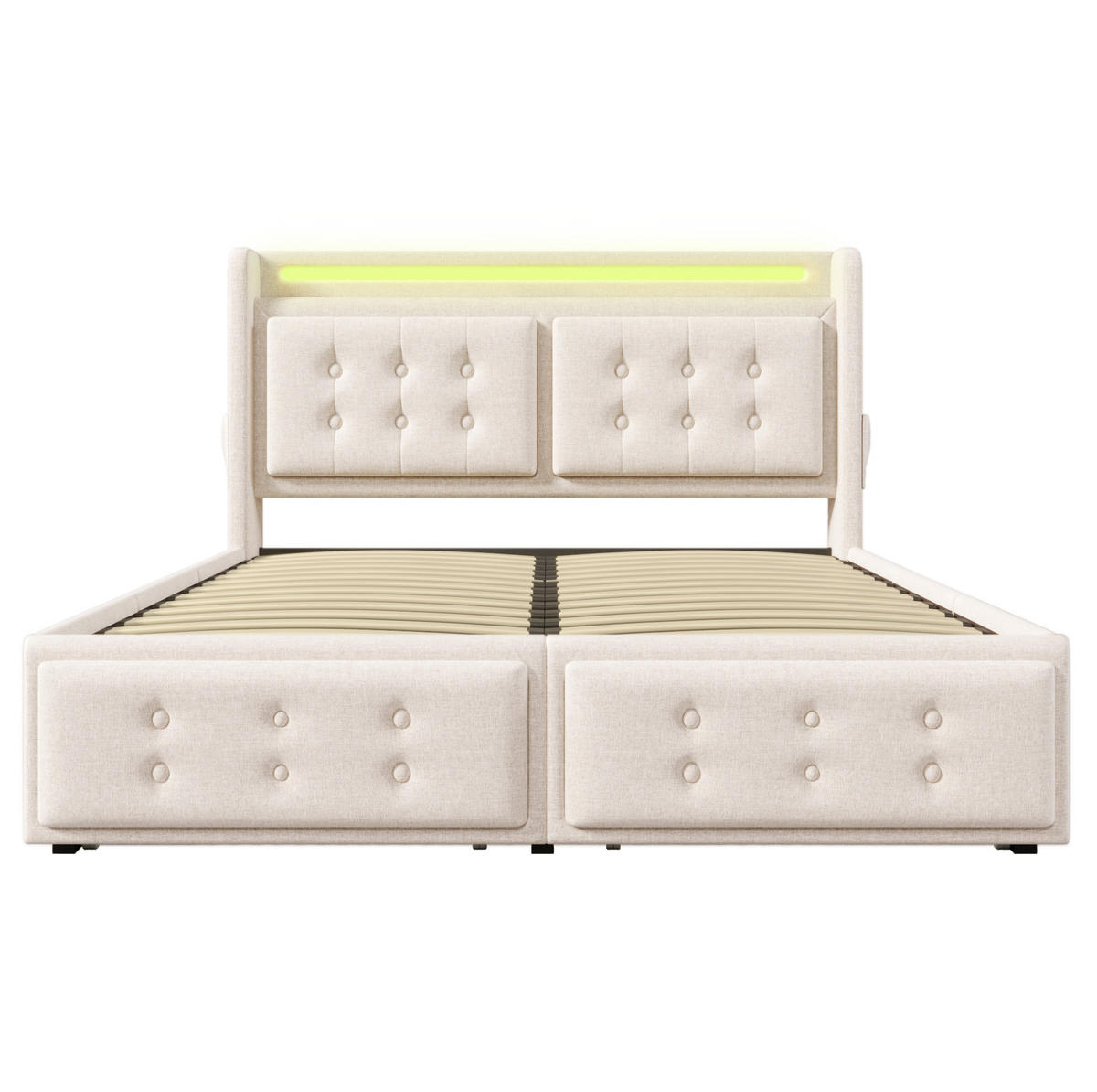 ČALOUNĚNÁ postel 140/200 cm z bavlněného lnu béžová, s LED osvětlením, USB-C a 4 zásuvkami - béžová, textil (140/200cm) - BEAOK
