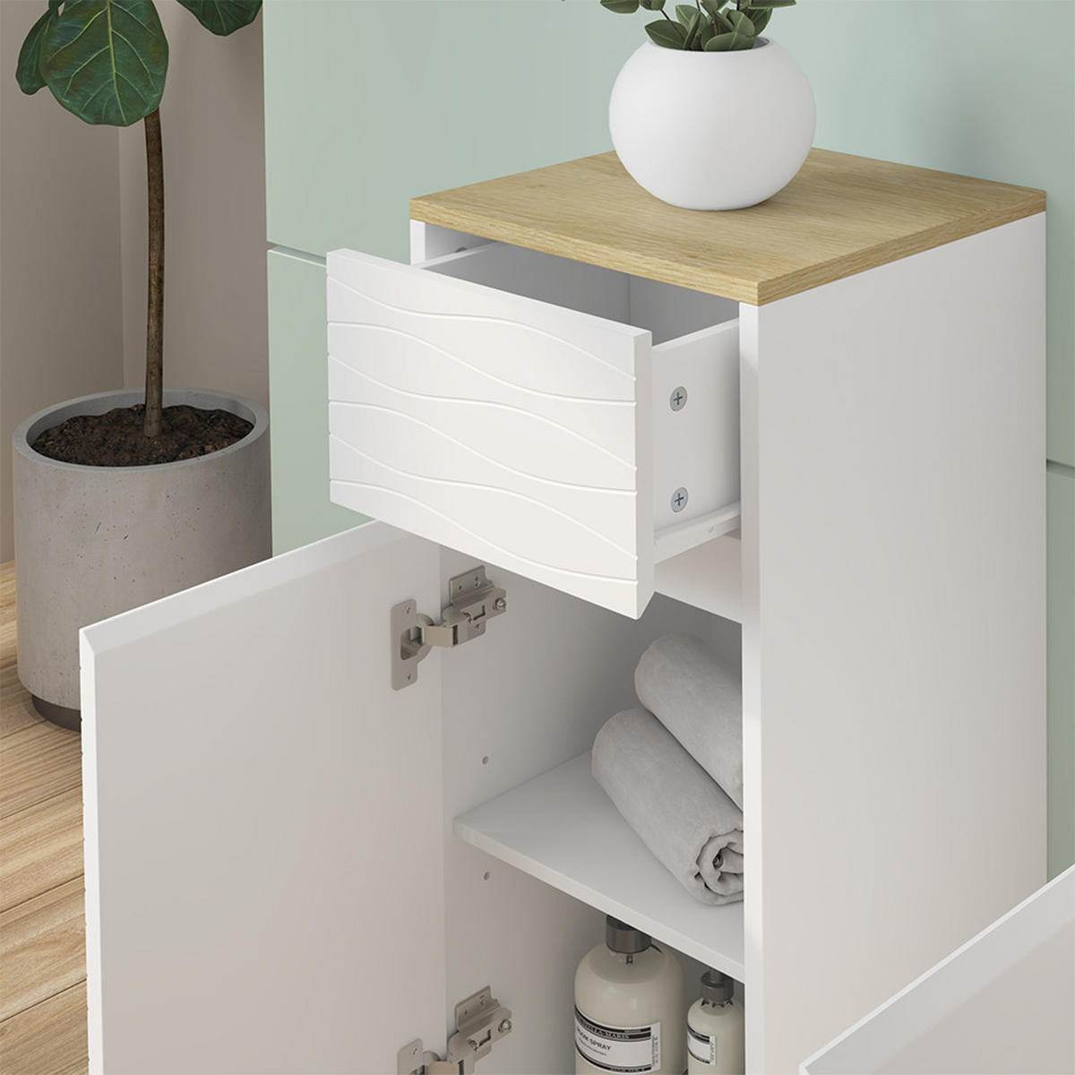 MIDISCHRANK Livia Weiß 30 x 80 cm mit Schublade - Weiß/Naturfarben, Holzwerkstoff (30/80/30cm) - Vicco