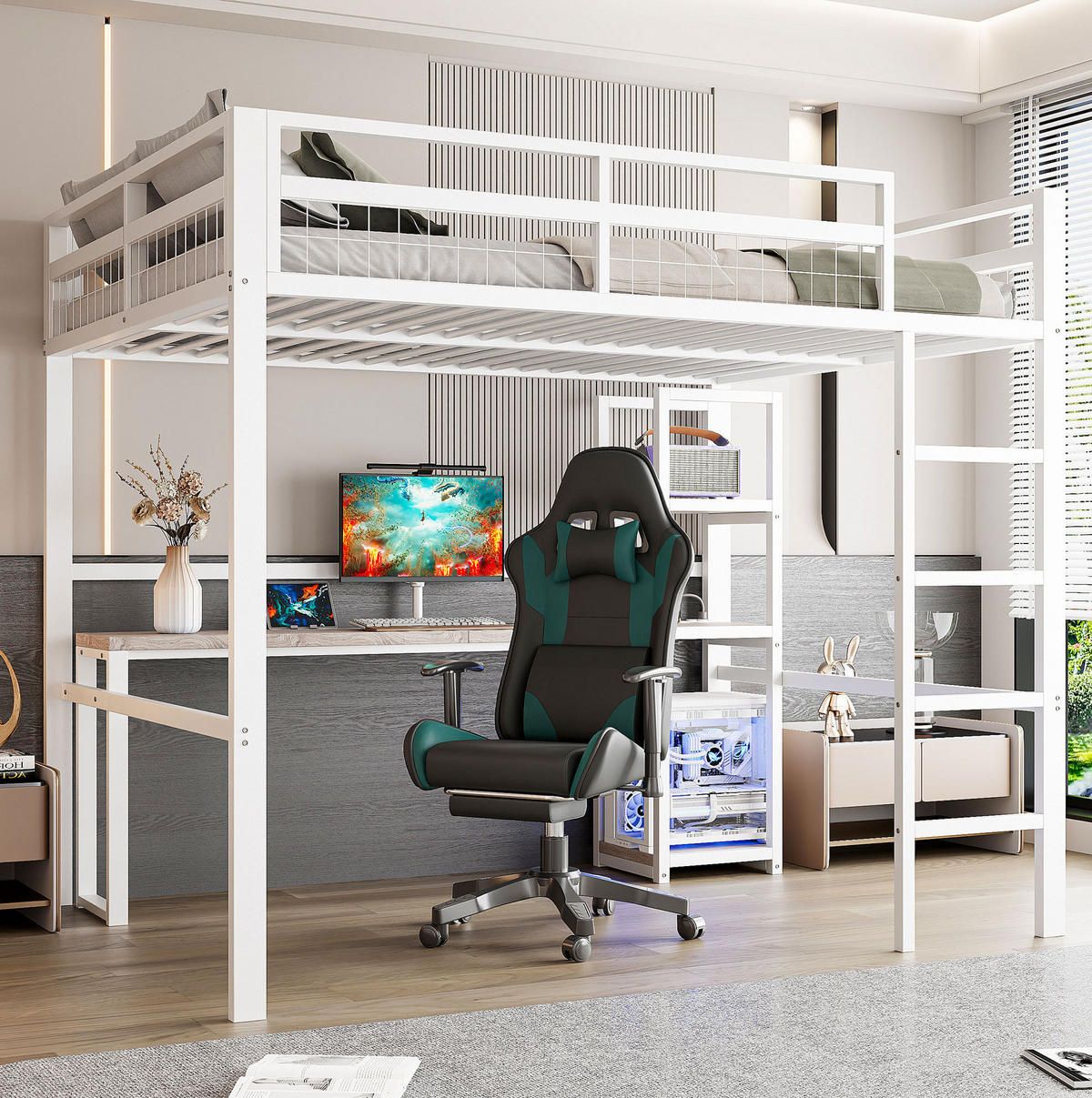 HOCHBETT 140/200 cm Weiß mit Schreibtisch, Regalen und USB- und Type-C-Anschlüssen - Weiß, Metall (140/200cm) - Flora Grace