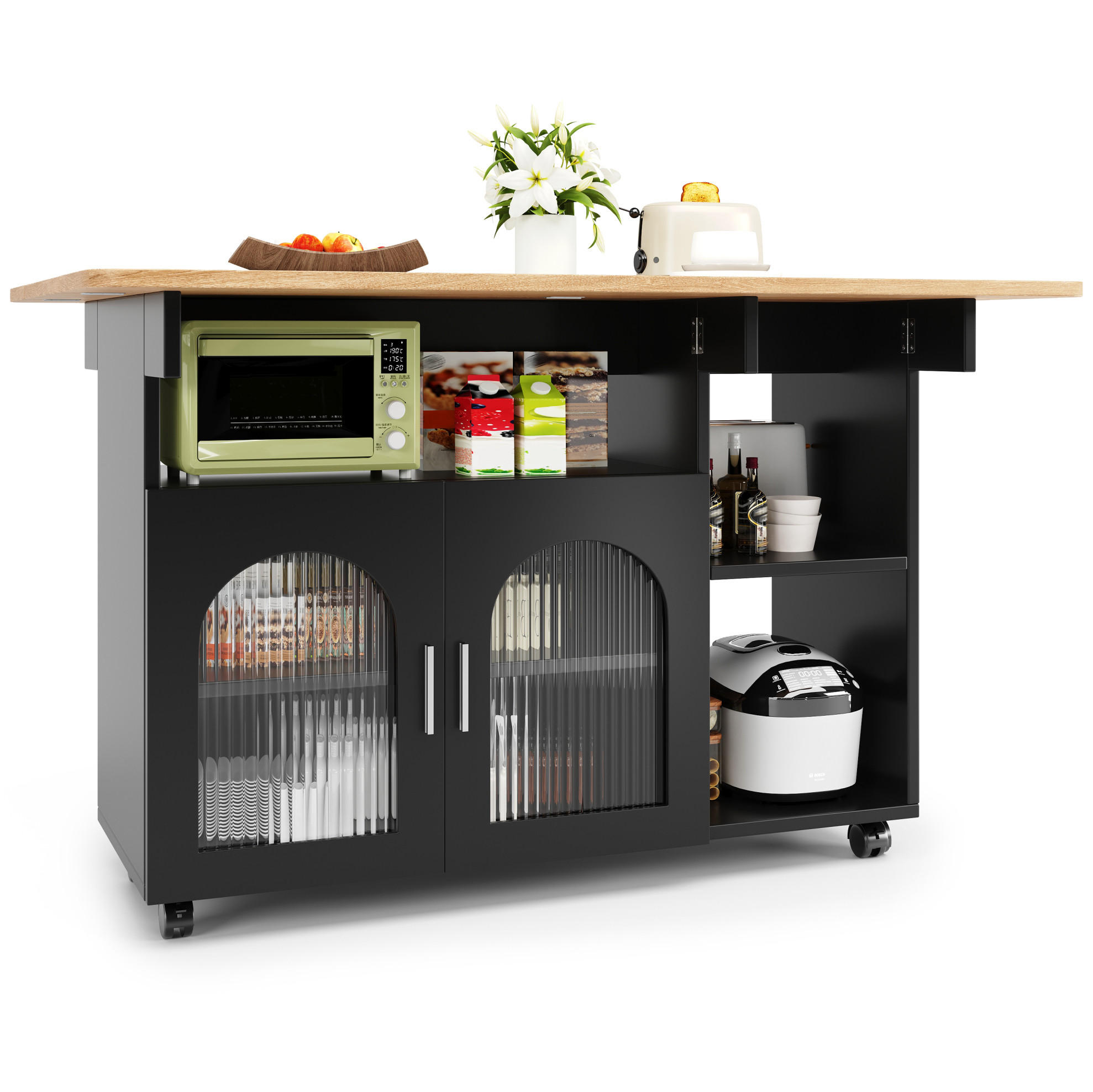 KÜCHENINSEL 120/79,5/30 cm Schwarz/Natur aus MDF und Glas mit klappbarer Tischplatte - Schwarz, Holzwerkstoff (30/79.5/120cm) - OKMYHOME