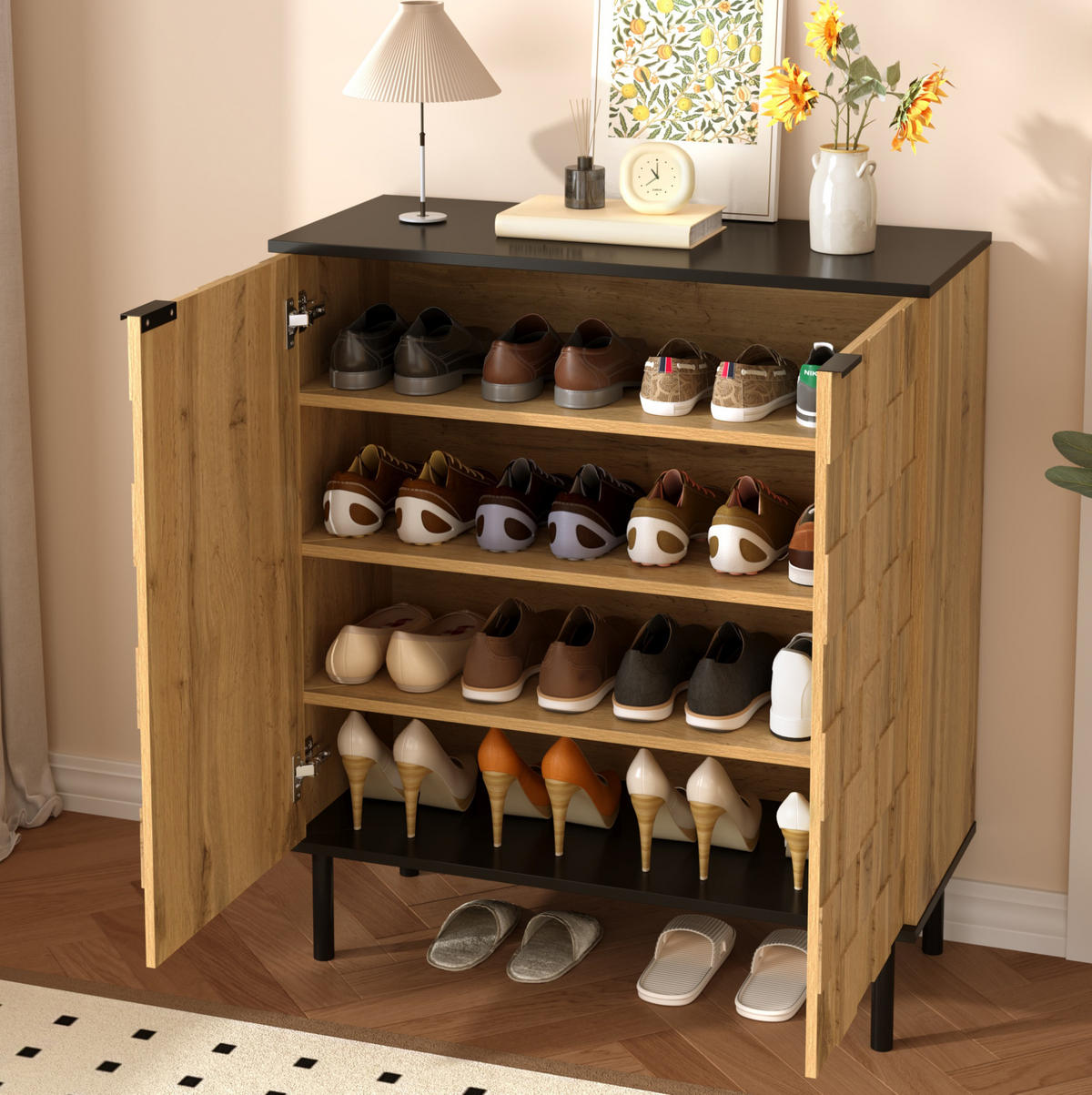SCHUHSCHRANK 80/35/91,5 cm mit 2 Türen, höhenverstellbaren Fächern und Mosaikfront, Natur - Naturfarben, Holzwerkstoff (80/91/35cm) - Redom