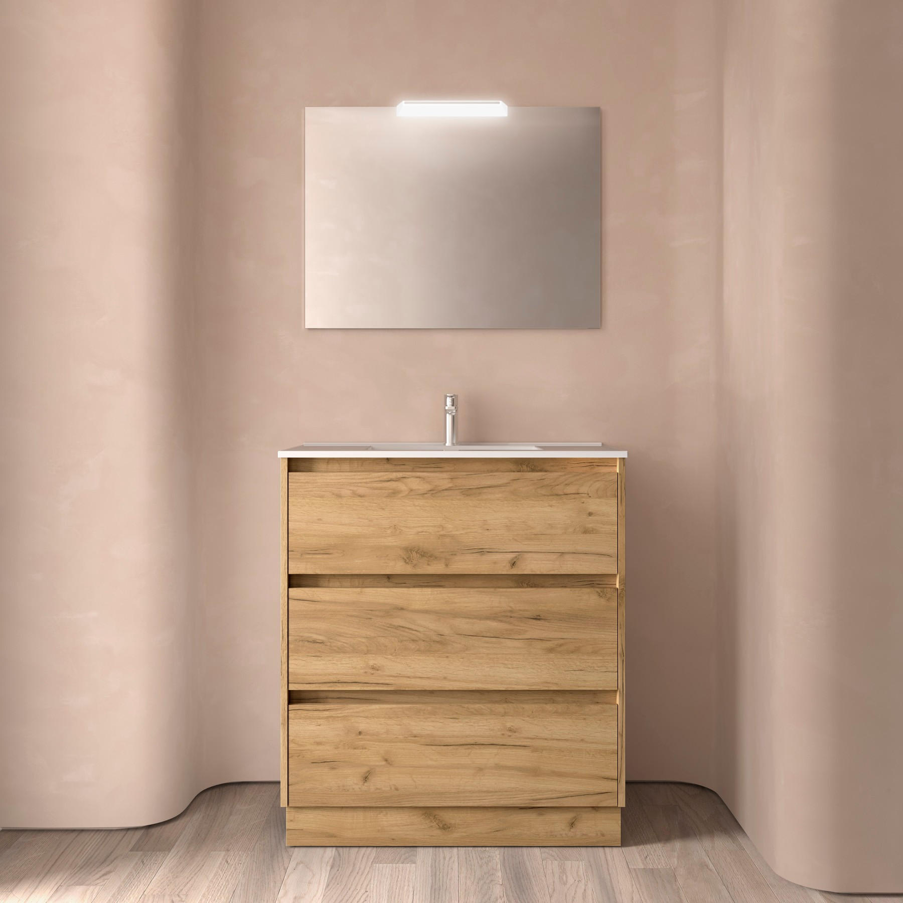 BADEZIMMERMÖBEL NOJA 800 3 Schubladen EICHE AFRIKA + Waschtisch + Spiegel - Schwarz, Metall (45/81/80cm) - Salgar