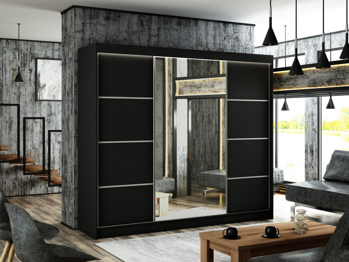 SCHIEBETÜRENSCHRANK RABI - Schwarz, Holzwerkstoff (250/215/61cm) - Meblini