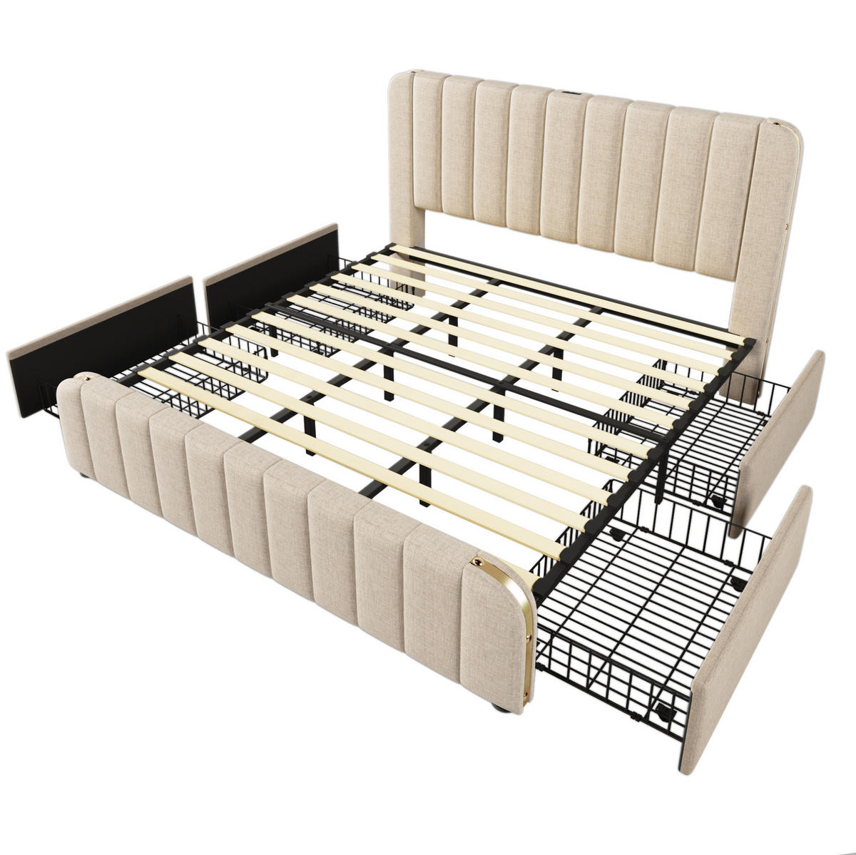POLSTERBETT 180/200 cm Beige aus Leinen mit 4 Schubladen und USB- und Type-C-Anschlüssen - Beige, Textil (180/200cm) - Flora Grace