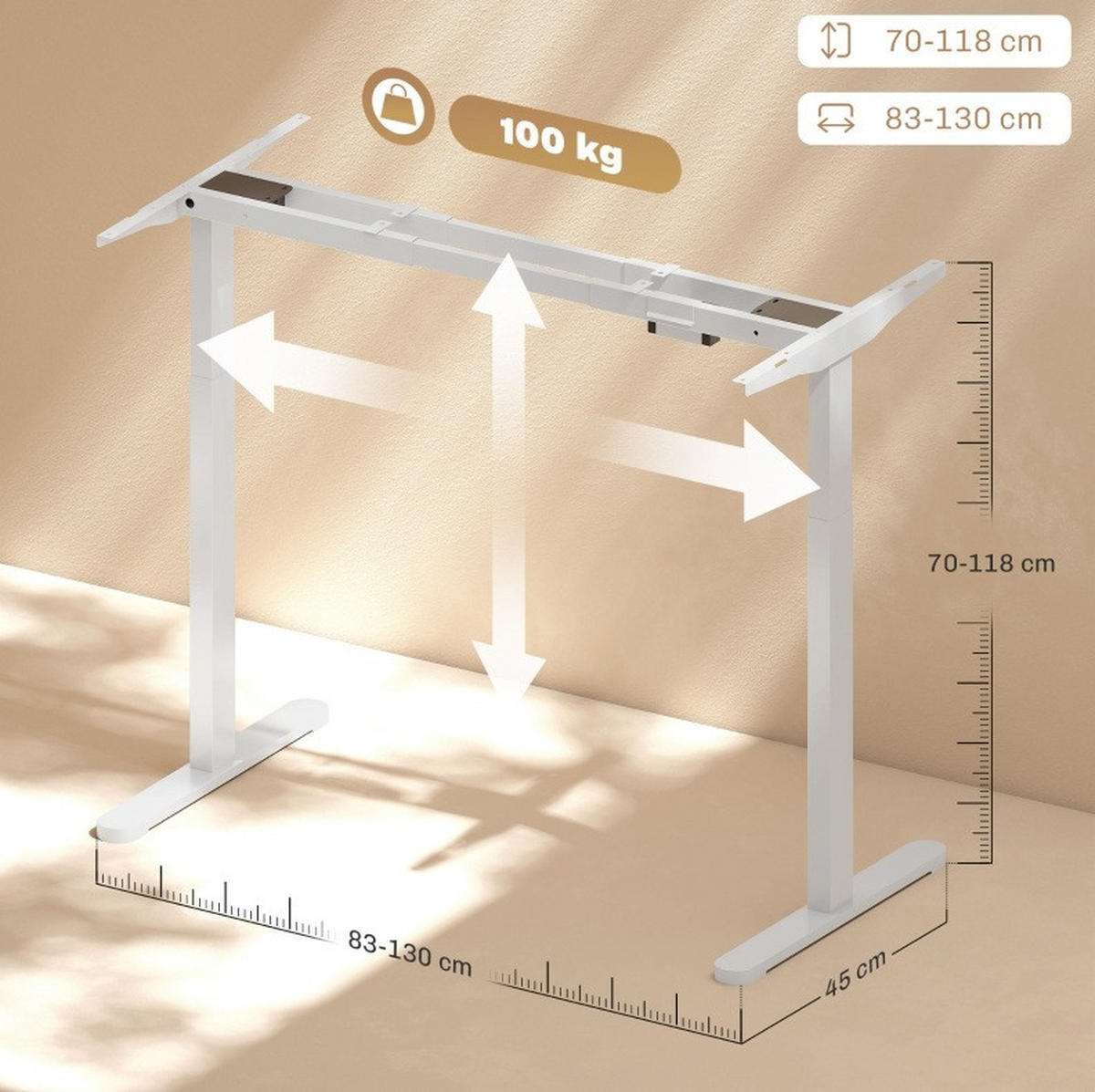 SCHREIBTISCHGESTELL elektrisch höhenverstellbar 70-118 cm Stahl White - Weiß, Metall (83/45/118cm) - Meubliv
