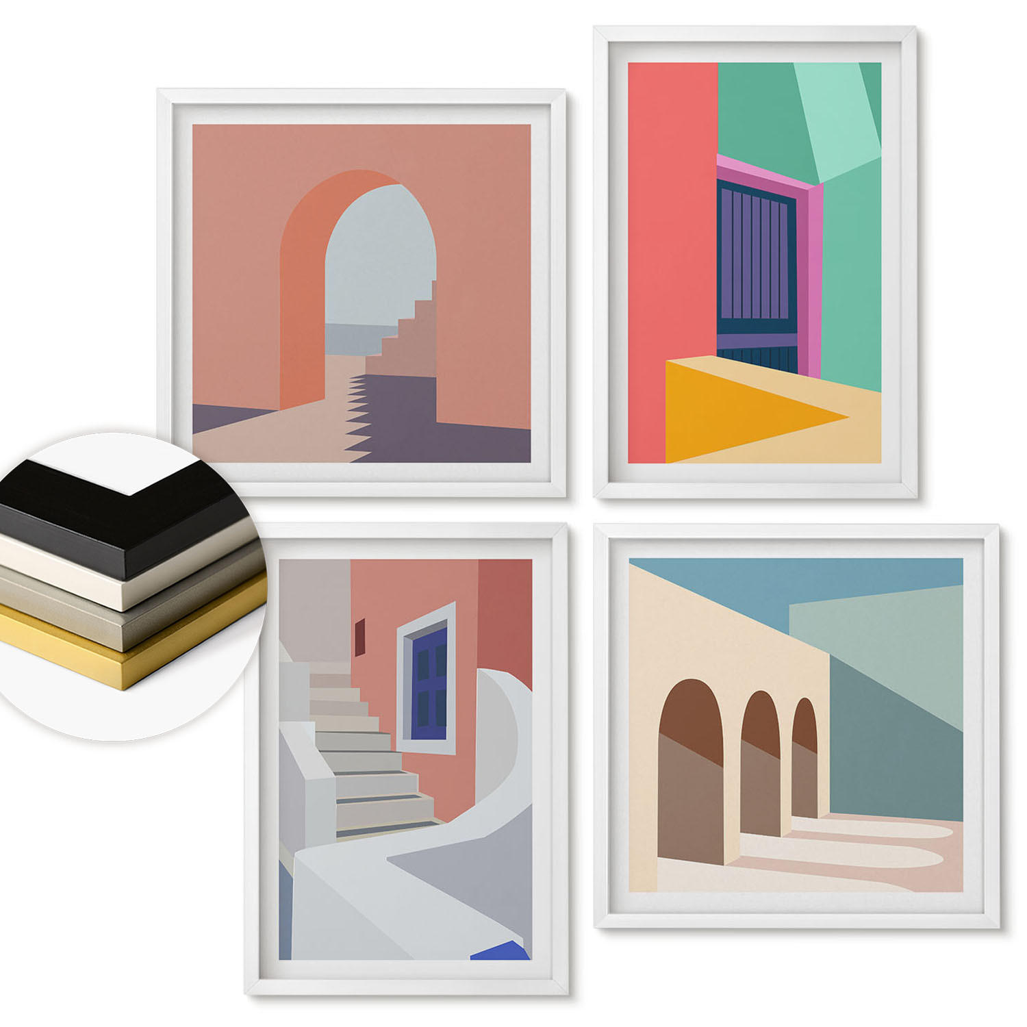 WANDBILDER 4er-Set - 50x50 cm & 40x60 cm Weißer Rahmen - Farbenfrohe moderne Gebäude - Weiß, Kunststoff (50/50cm) - ArtPrintCave