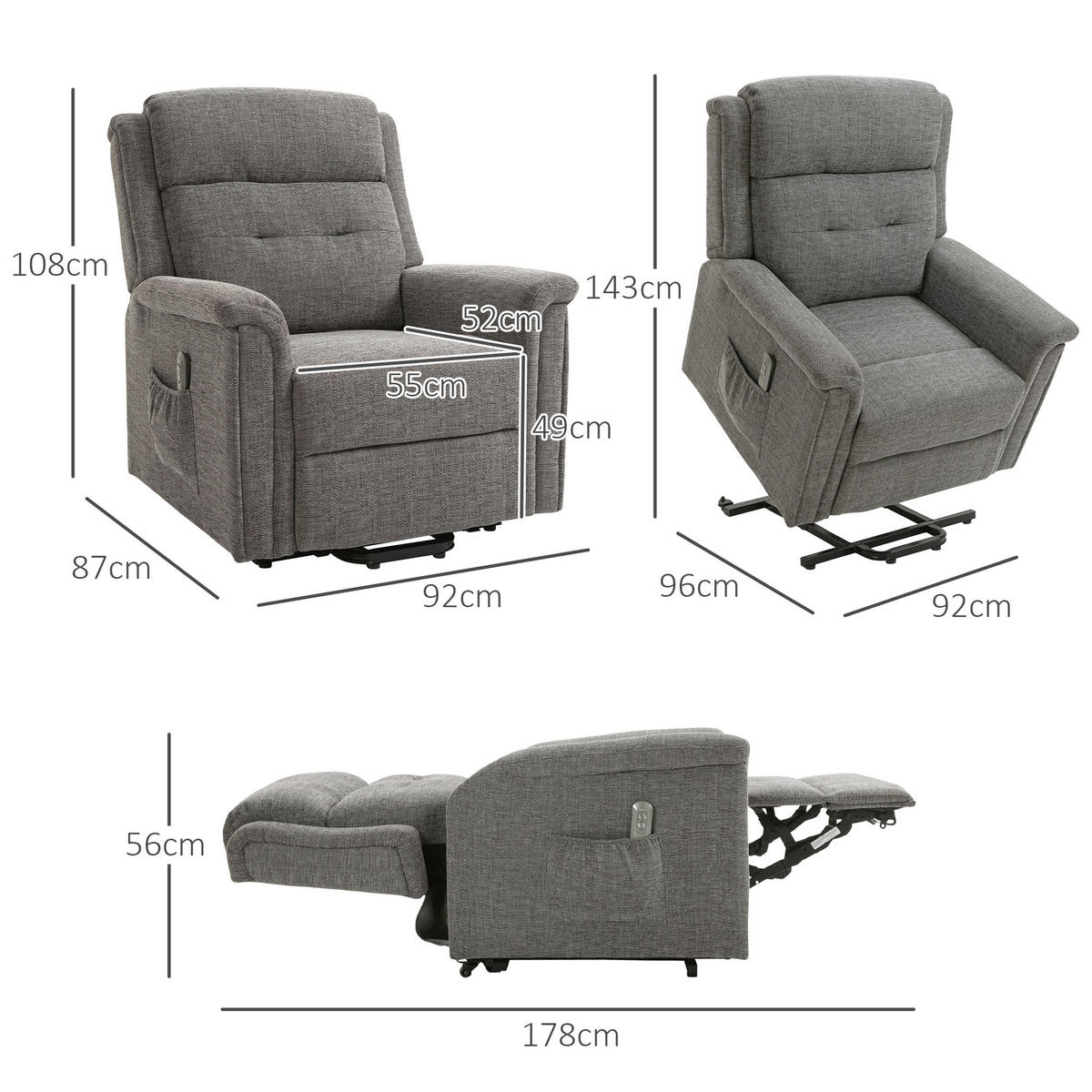 FERNSEHSESSEL mit Aufstehhilfe, Grau - Grau, Kunststoff (87/108/92cm) - HOMCOM