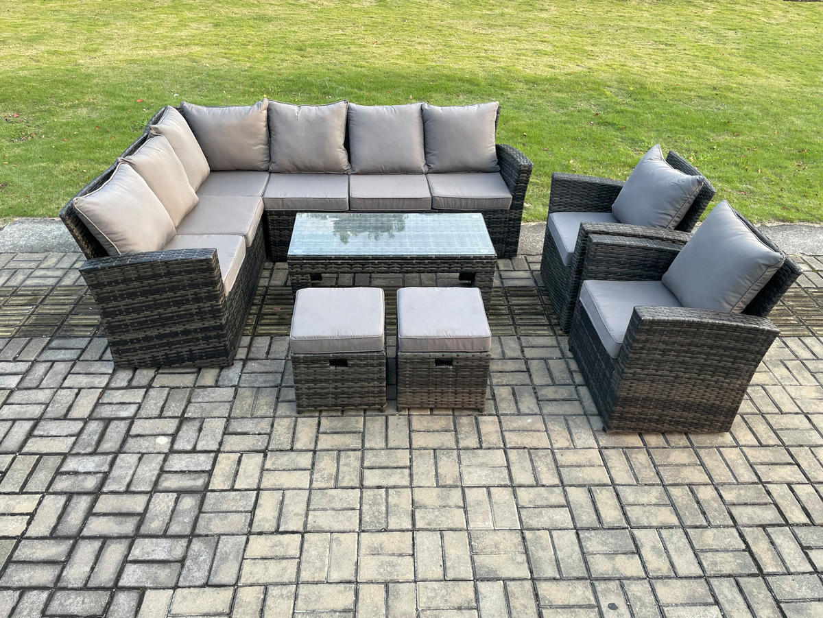 BALKONMÖBEL-SETS mit Ecksofa,Länglicher Couchtisch,Hocker Polyrattan Dunkelgrau 10-Sitzer - Dunkelgrau/Grau, Glas/Kunststoff - Fimous