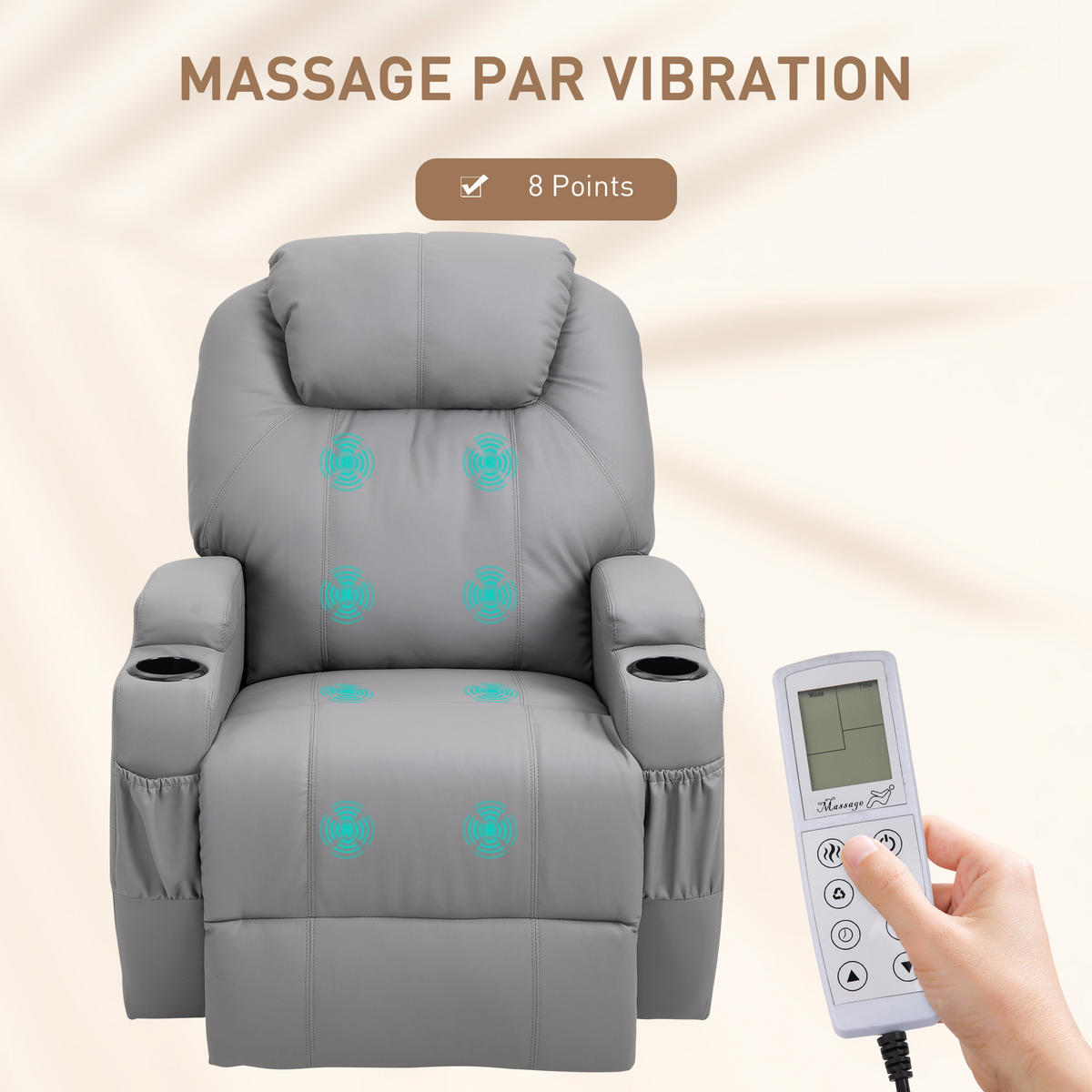 MASSAGESESSEL DE-15343 elektrisch verstellbar mit 8 Vibrationspunkten Grau - Hellgrau, Leder (97/110/82cm) - ComfortXL
