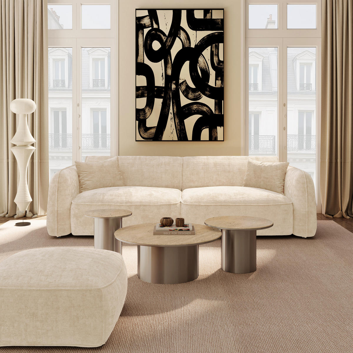POUFS LOMI Geprägter Samt Creme 75cm - Creme, Textil (75/44.5/75cm) - Premium Interiors