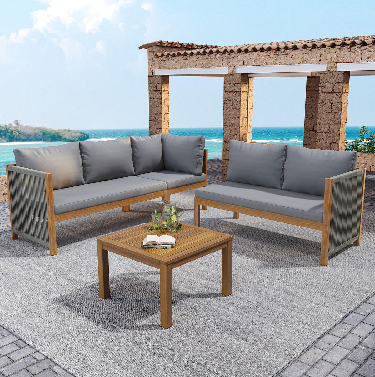 GARTENSET 187x187x71cm grau aus Massivholz, handgewebt - Grau, Textil - Modfu