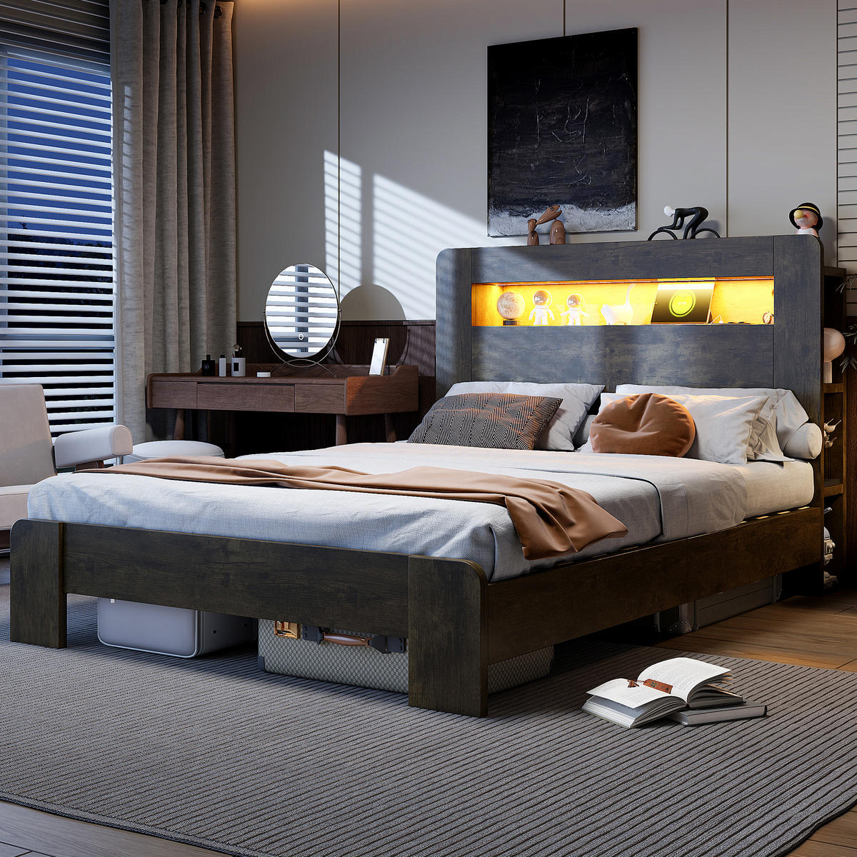 BETT 140/200 cm in Holz mit Stauraum, LED und Steckdosen - Nussbaumfarben, Holz/Holzwerkstoff (140/200cm) - WISHDOR