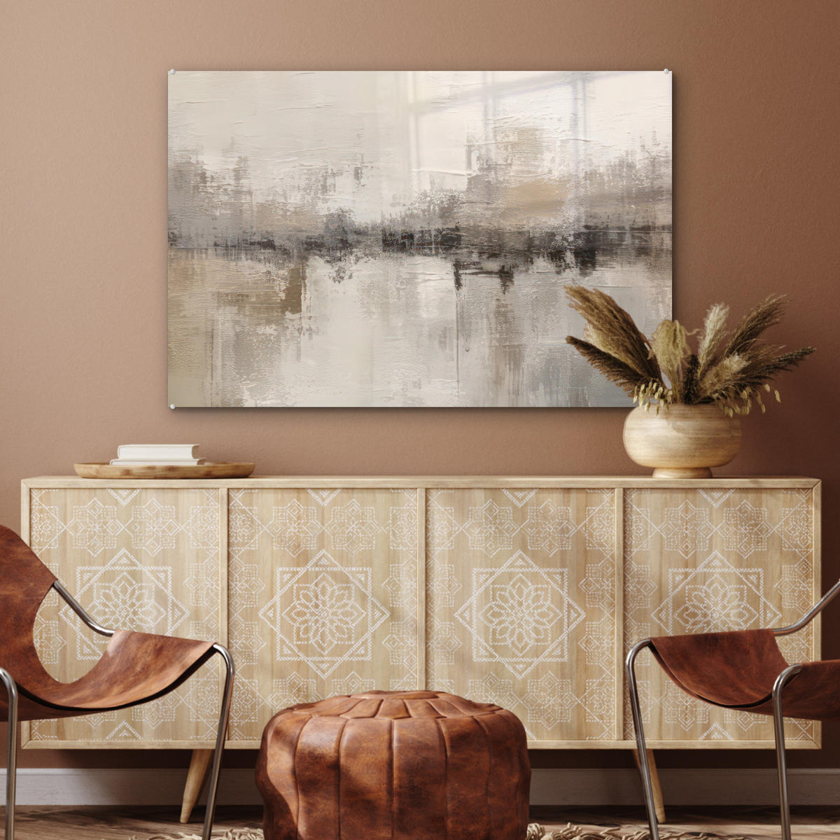 ACRYLGLASBILD Moderne Kunst - Abstrakt - Beige 90x60 cm - Beige, Glas (90/60cm) - MuchoWow