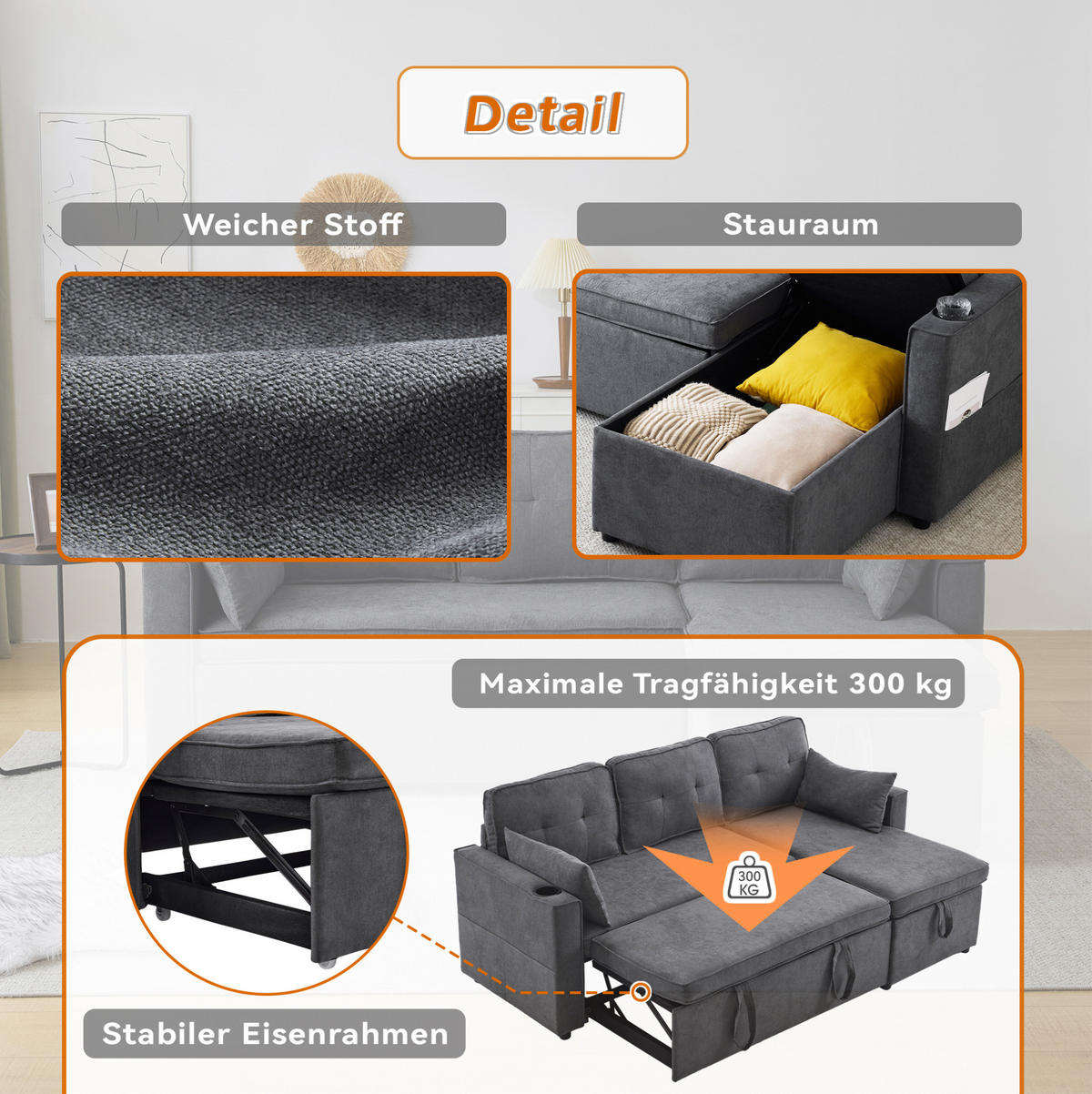 SCHLAFSOFA aus Baumwoll-Leinenstoff 211x130x86 cm Grau mit Stauraum, wechselbarer Chaiselongue und Getränkehaltern - Grau, Textil (211/86/129.5cm) - Modfu