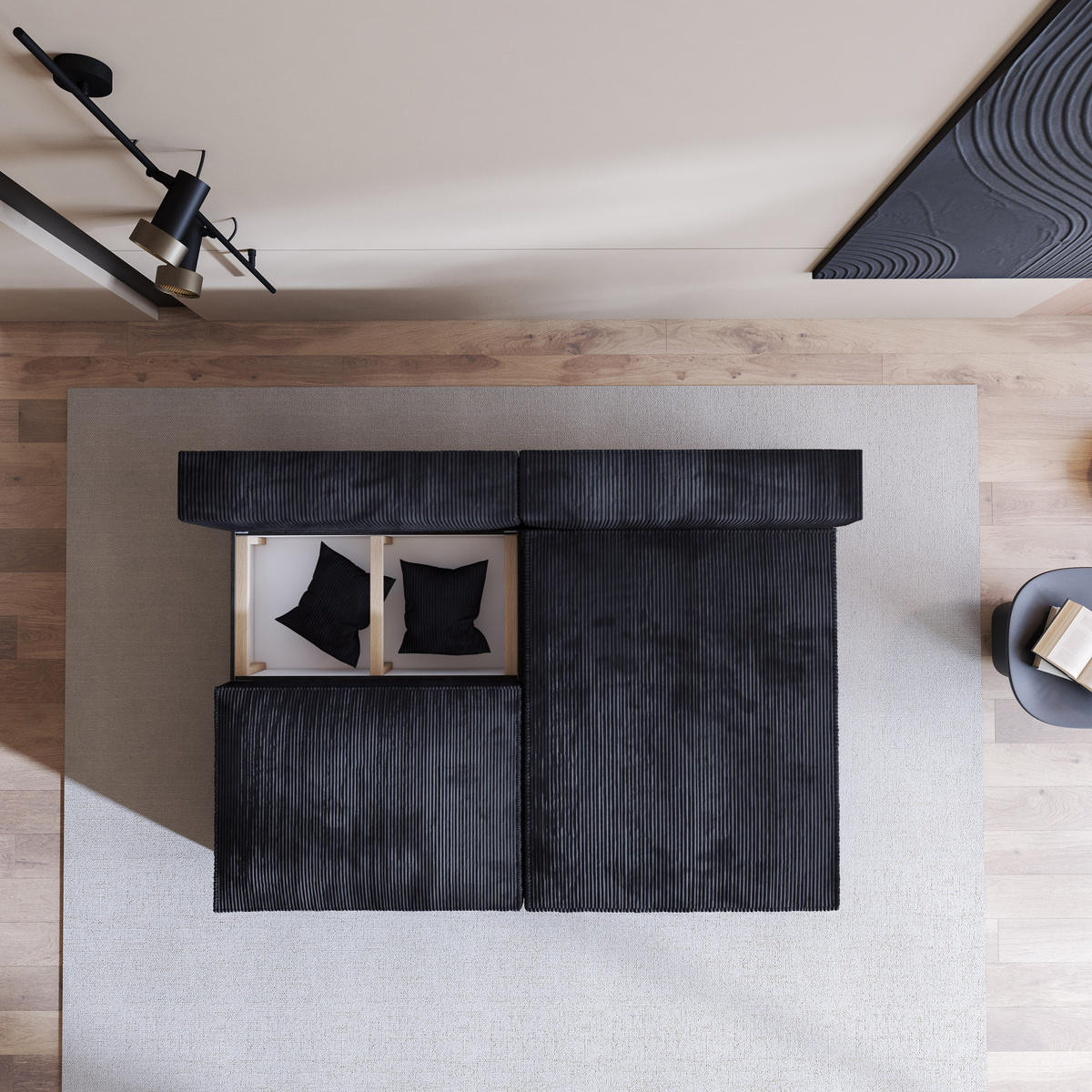 ECKSOFA FIORO P Schwarz Kordstoff mit Schlaffunktion - Schwarz/Grau, Holz/Kunststoff (204/148cm) - MASSENO
