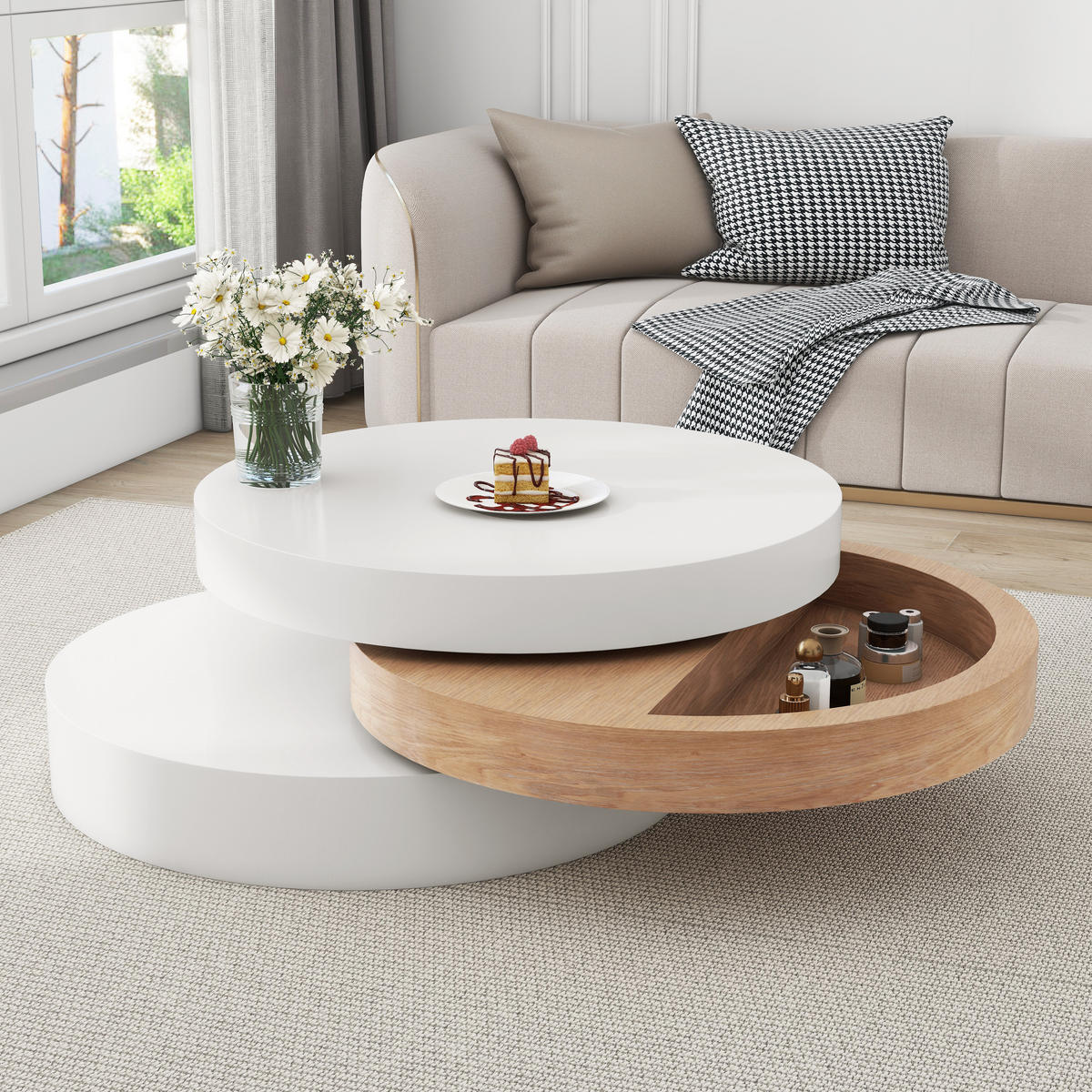 COUCHTISCH rund drehbar Weiß/Natur mit Stauraum 60/60/35,1 cm - Weiß/Naturfarben, Holzwerkstoff (60/60/35.1cm)