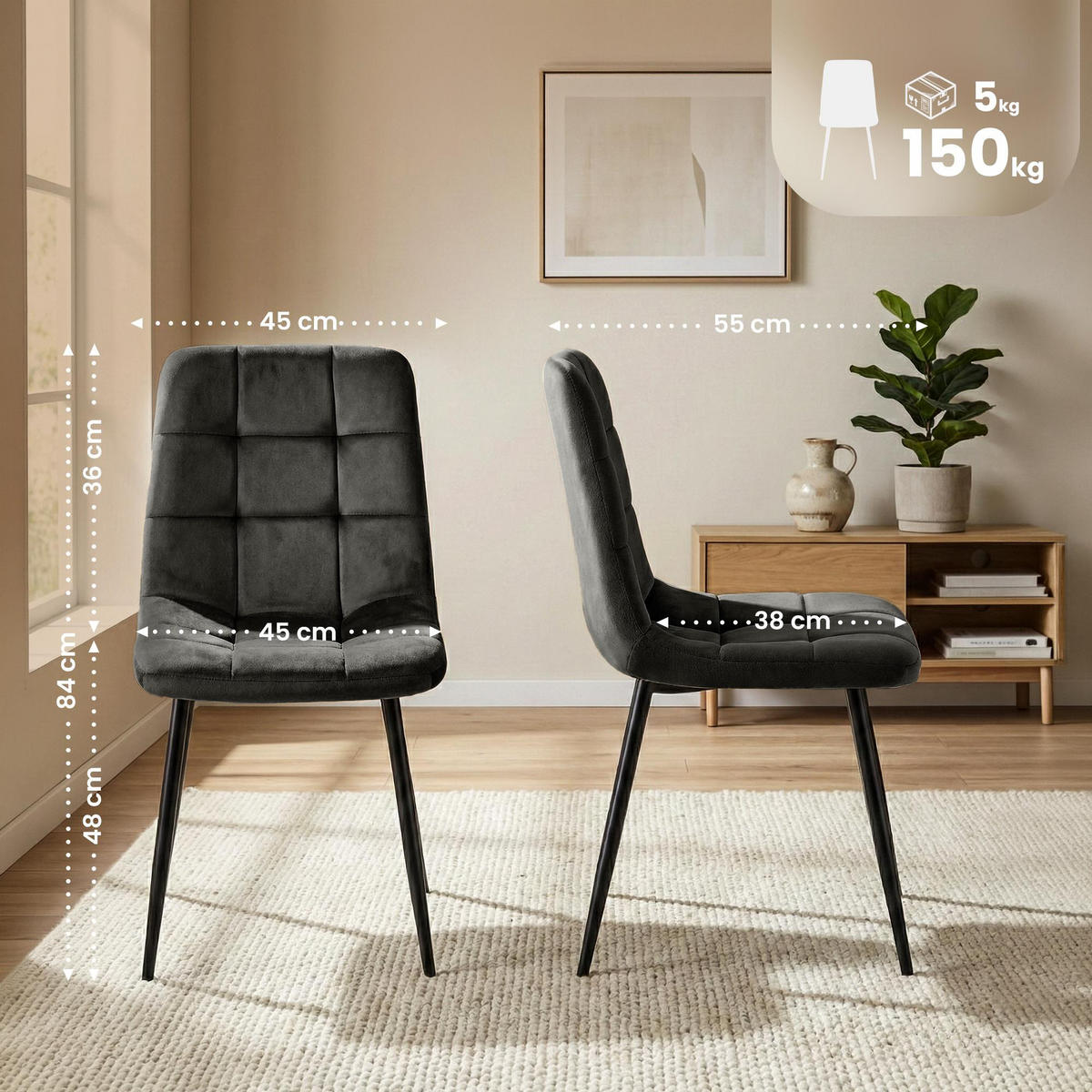 STUHL Samt Dunkelgrau - Dunkelgrau/Schwarz, Textil/Metall (45/84/55cm) - CLP