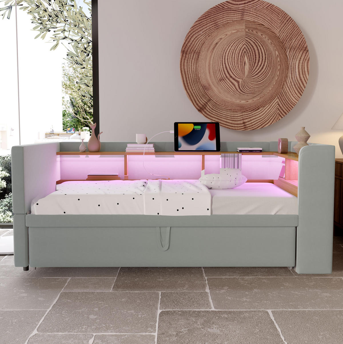 ČALÚNENÁ posteľ z flanelu 90x190 cm svetlosivá s LED osvetlením, zásuvkami a úložnými priehradkami - svetlosivá, textil (90/190cm) - Modfu