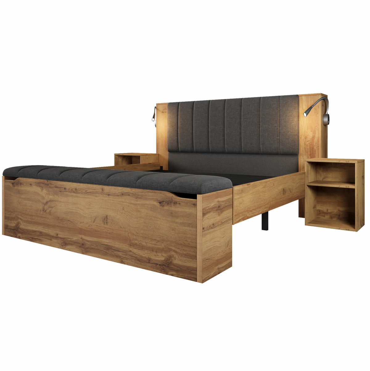DOPPELBETT 160/200 cm mit Leselampen, USB-Anschluss, Nachttischen und Bettbank, Eiche - Eichefarben, Holzwerkstoff (160/200cm) - Redom