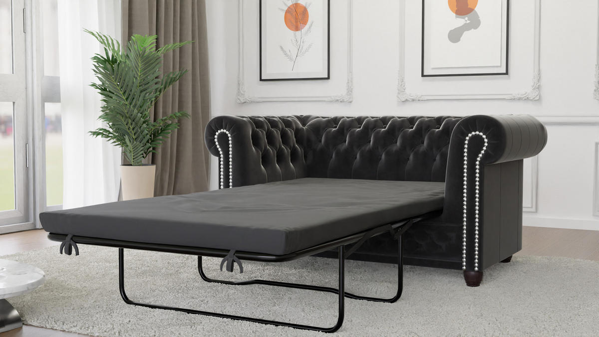 CHESTERFIELD-SOFA 2-sitzer mit Schlaffunktion Nyx Schwarz Samt - Schwarz/Braun, Holz/Textil (148/72/86cm) - S-Style Möbel