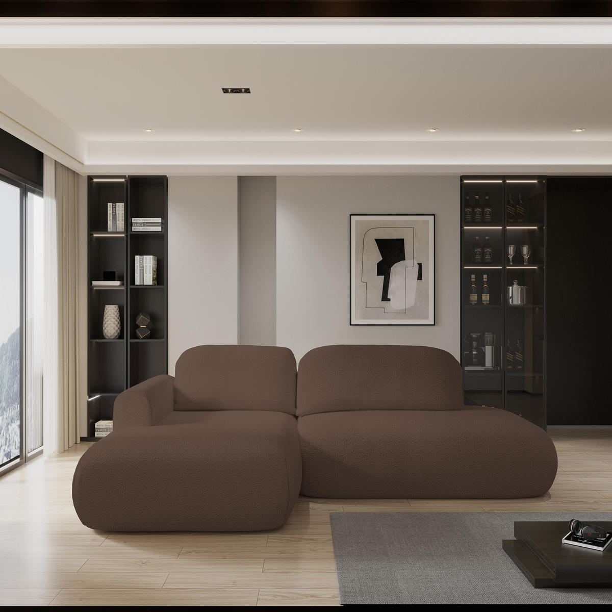 ECKSOFA NUVIRA L-S Braun Boucle-Stoff mit Schlaffunktion - Braun, Holz (279/158cm) - MASSENO