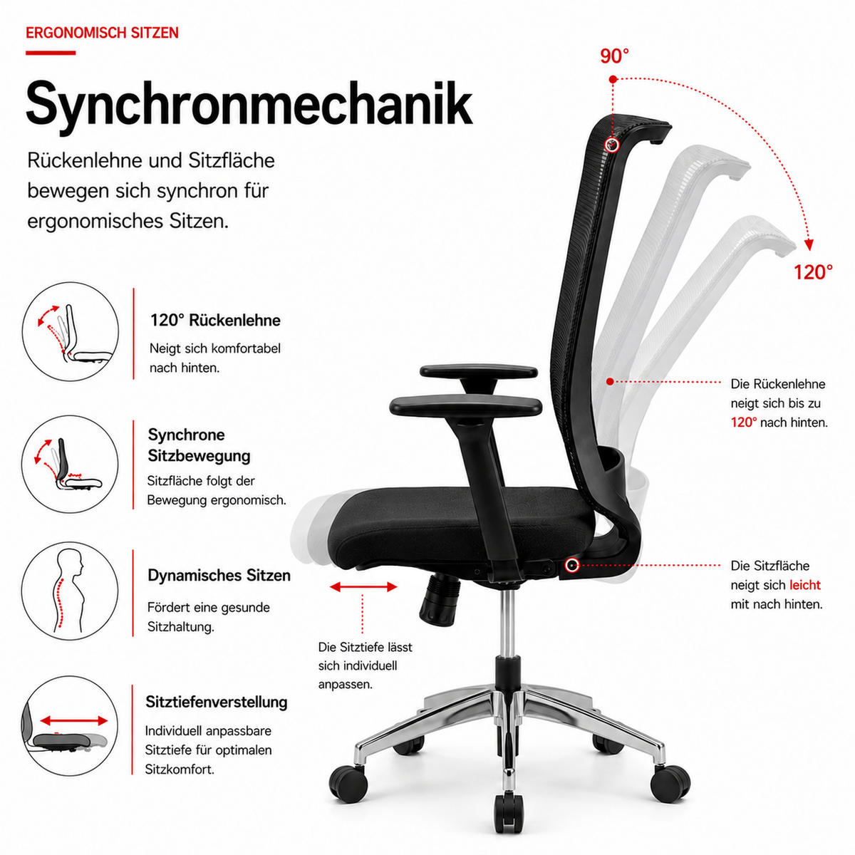 BÜROSTUHL Tanda Stoff/Mesh Schwarz - ergonomisch, 150 kg belastbar, Sitzhöhe 49-61cm - Schwarz, Kunststoff/Textil (65/102/68cm) - Versee