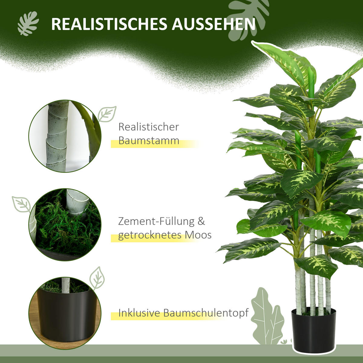 KÜNSTLICHE Dieffenbachie groß 120 cm Kunstpflanze wie echt mit Kunstgras Deko - Grün, Kunststoff (120cm) - HOMCOM