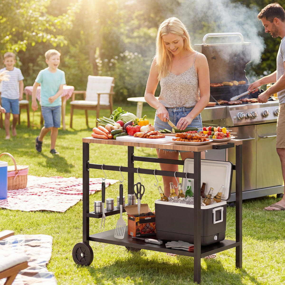 GRILLWAGEN Metall PU Schwarz - Schwarz, Metall (51/83/97cm) - Outsunny